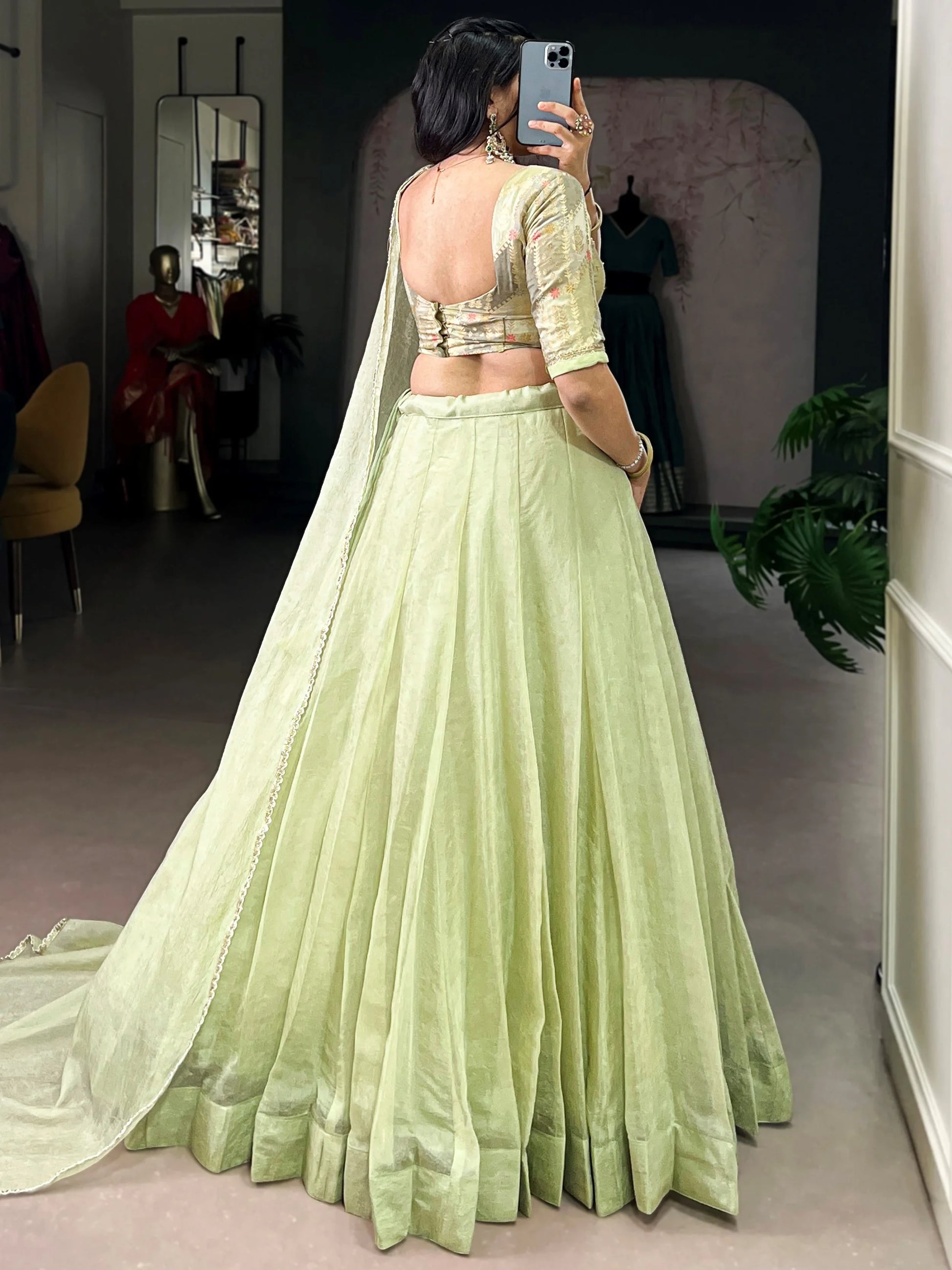Elegant Tea Green Crush Silk Mehendi Wear Lehenga With Bead Work Choli