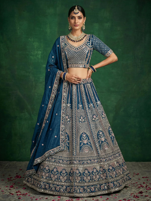 Elegant Teal Blue Crystal Work Satin Reception Wear Lehenga Choli With Dupatta