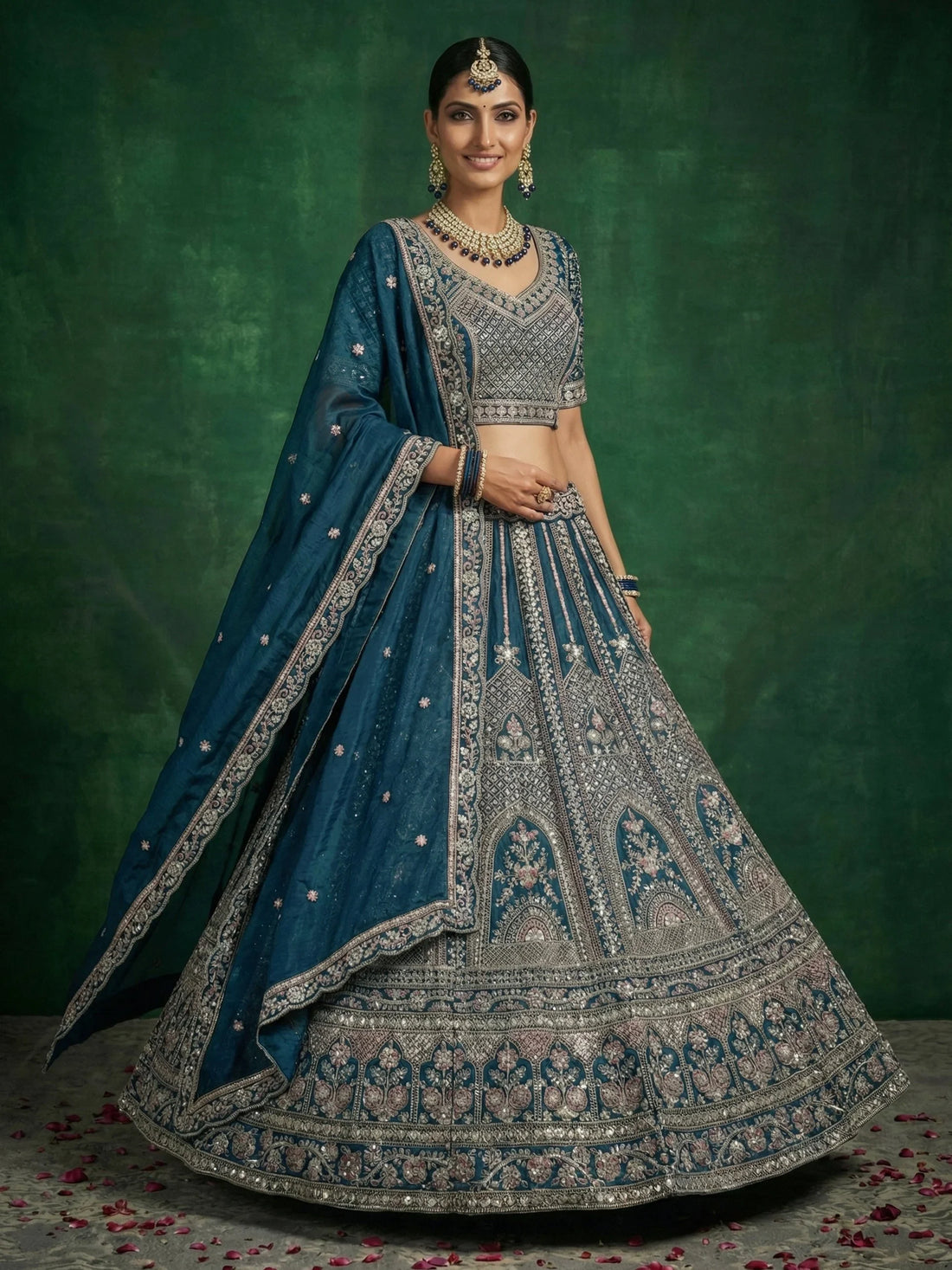 Elegant Teal Blue Crystal Work Satin Reception Wear Lehenga Choli With Dupatta