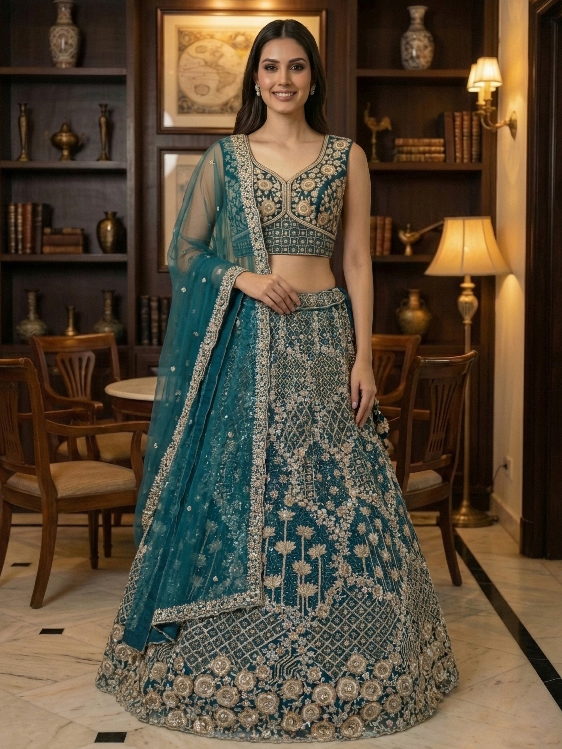 Elegant Teal Blue Net Floral Embroidery Sangeet Wear Lehenga Choli