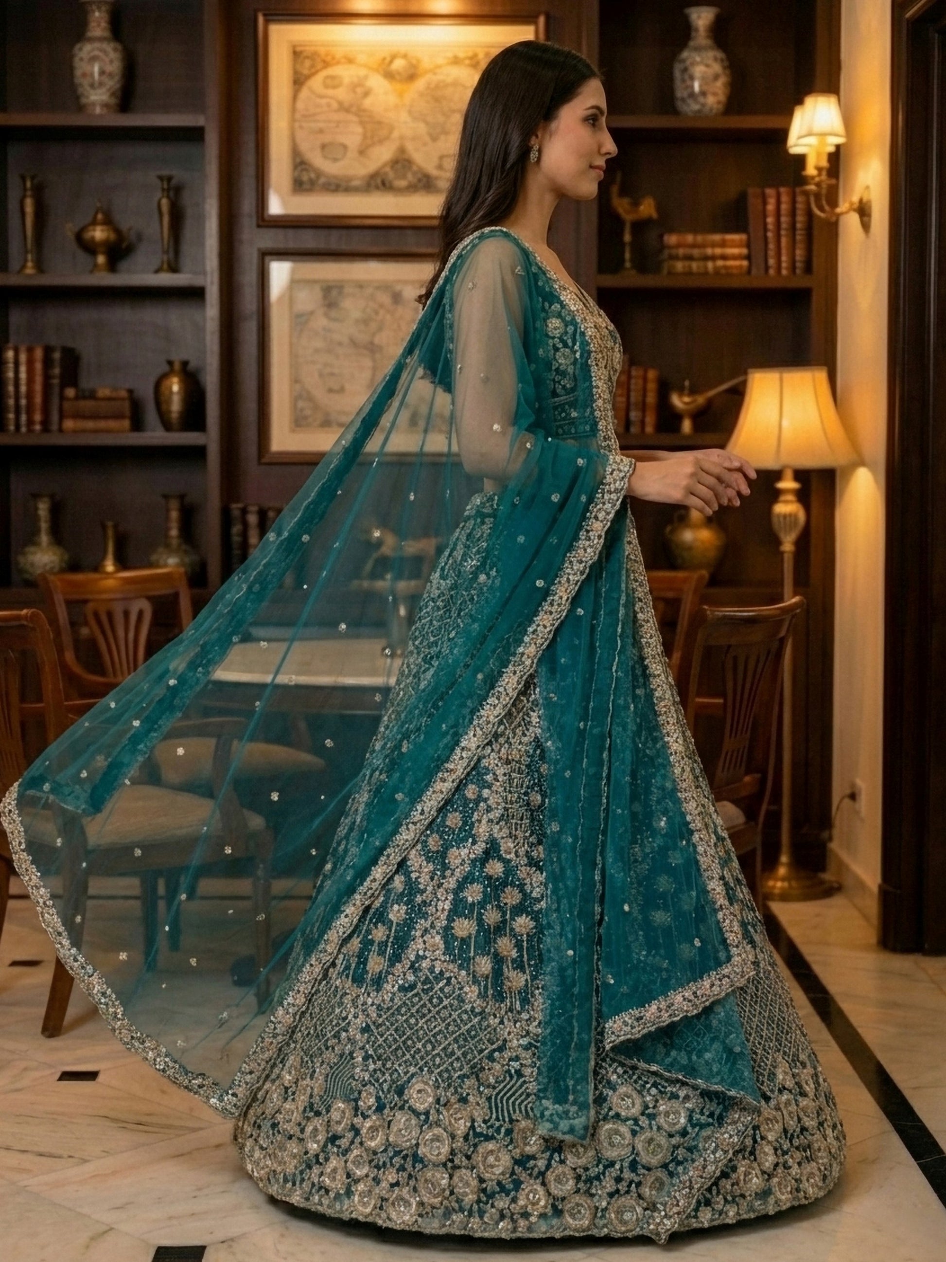Elegant Teal Blue Net Floral Embroidery Sangeet Wear Lehenga Choli