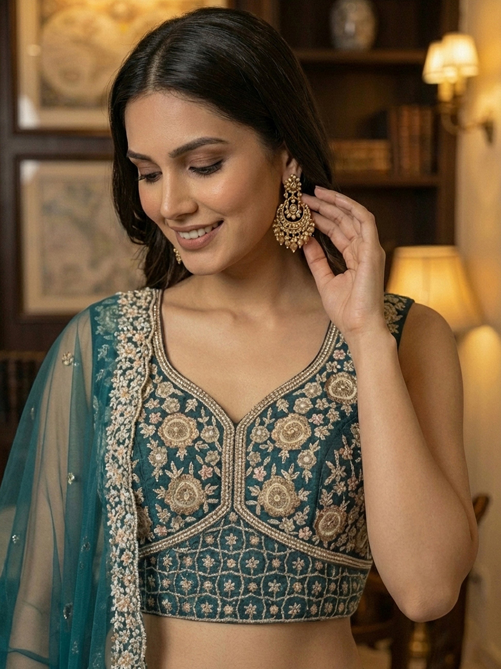 Elegant Teal Blue Net Floral Embroidery Sangeet Wear Lehenga Choli