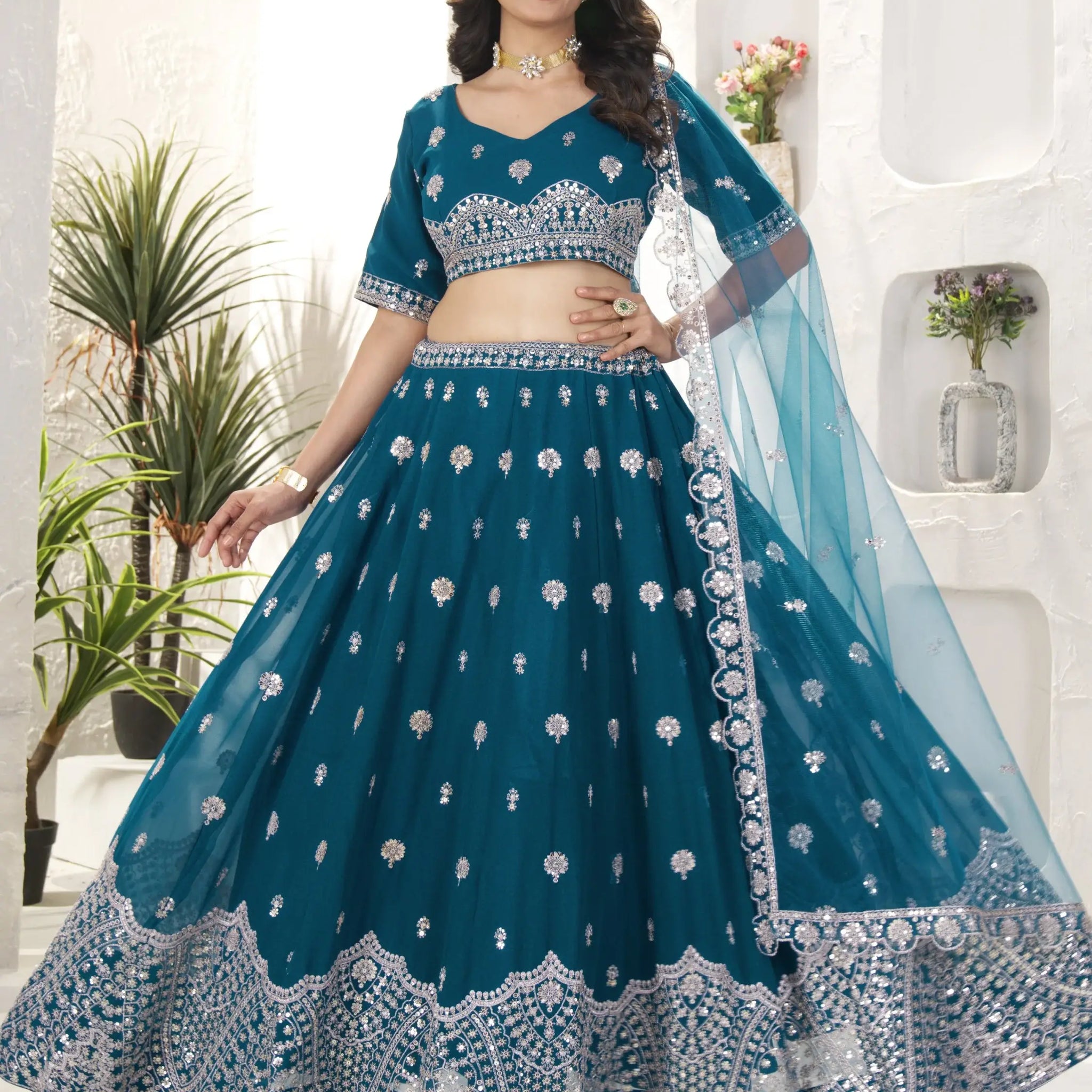 Elegant Teal Blue Sequins Work Georgette Wedding Wear Lehenga Choli With Dupatta - Zeel Clothing