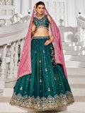 Elegant Teal Green Thread Work Silk Lehenga Choli With Dupatta - Zeel Clothing