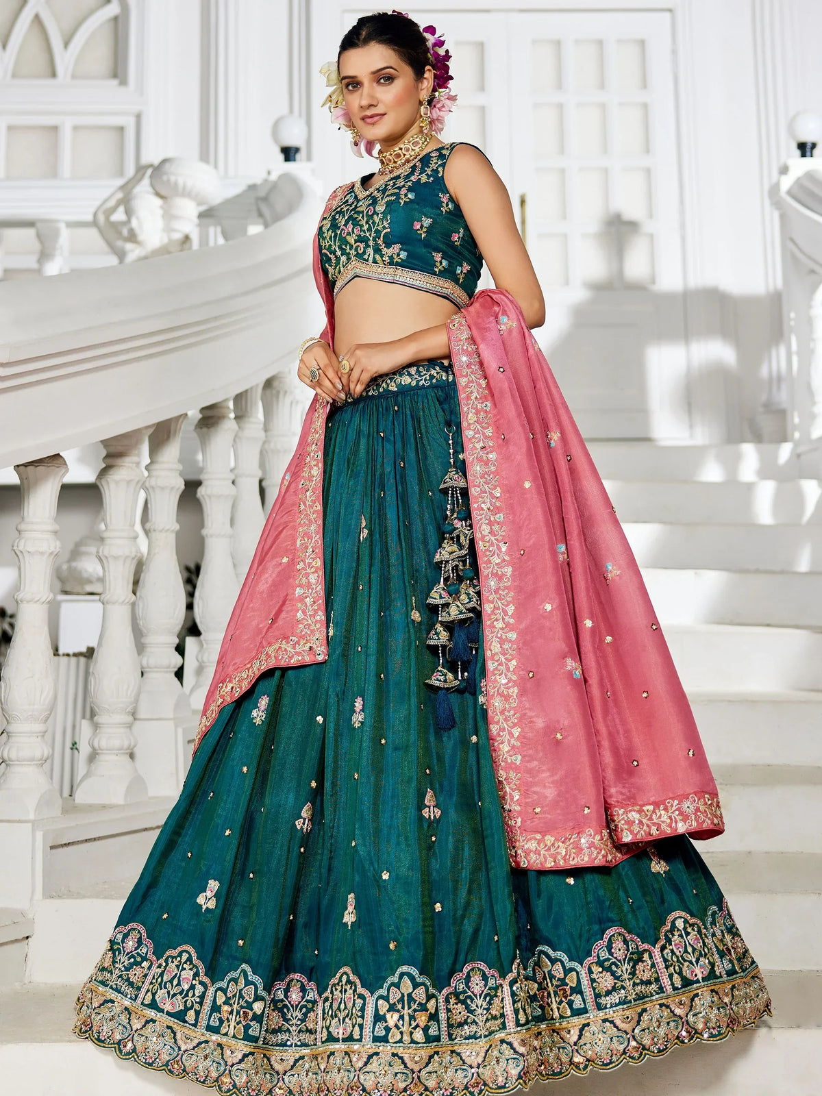Elegant Teal Green Thread Work Silk Lehenga Choli With Dupatta - Zeel Clothing