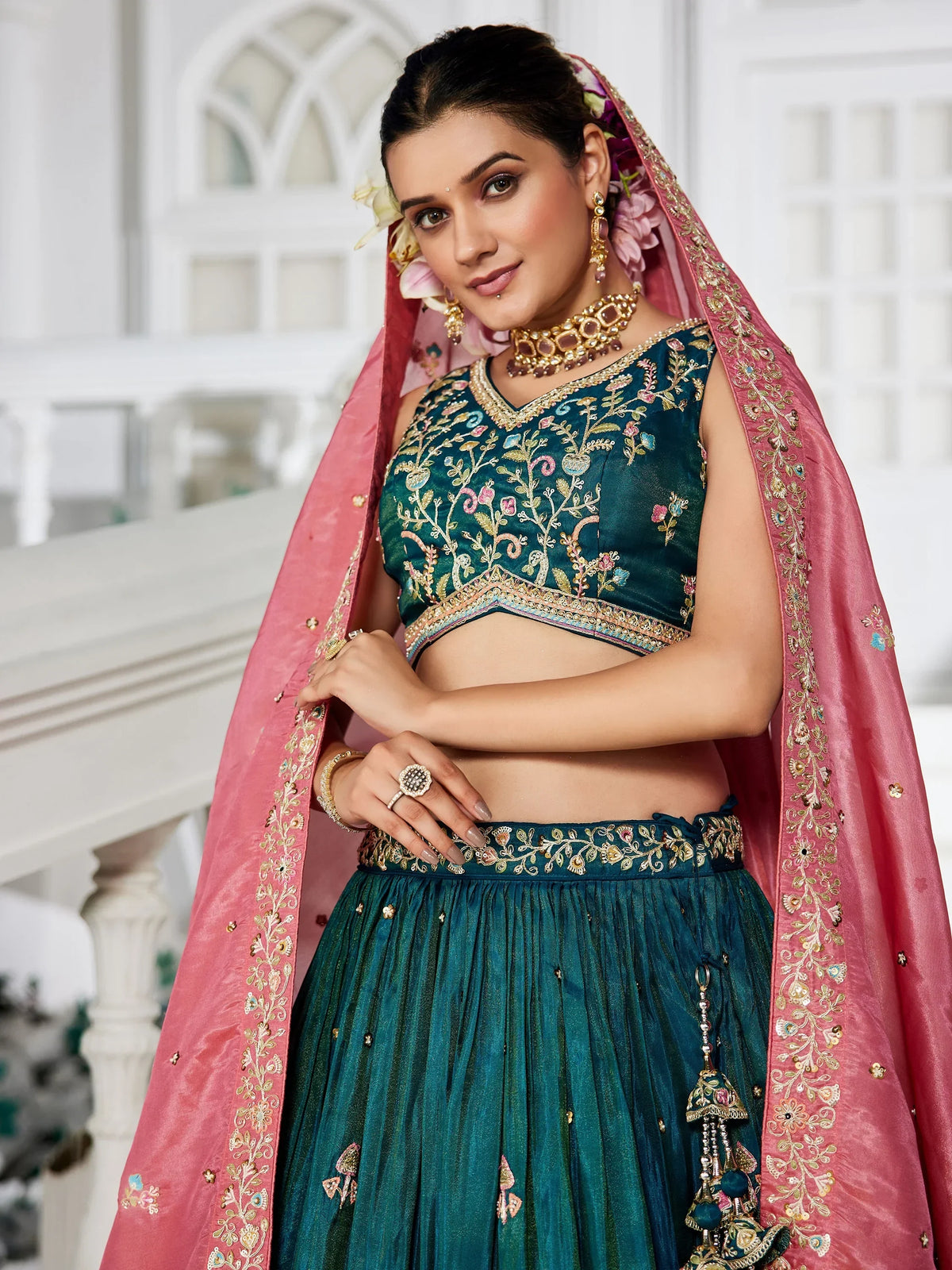 Elegant Teal Green Thread Work Silk Lehenga Choli With Dupatta - Zeel Clothing