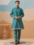 Elegant Teal Green Thread work Viscose Silk Engagement Wear Men Kurta Pant With Jacket
