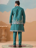 Elegant Teal Green Thread work Viscose Silk Engagement Wear Men Kurta Pant With Jacket