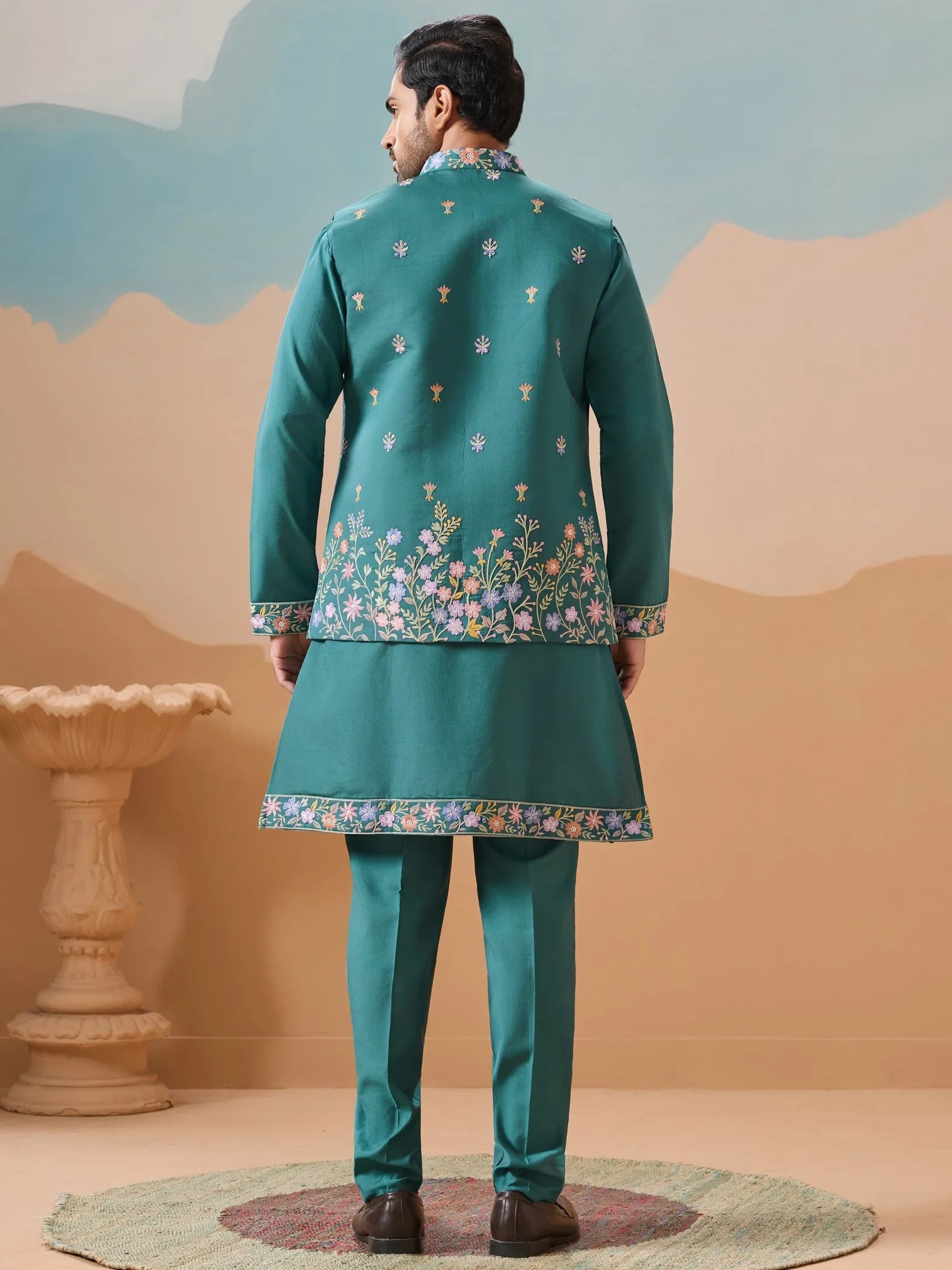 Elegant Teal Green Thread work Viscose Silk Engagement Wear Men Kurta Pant With Jacket