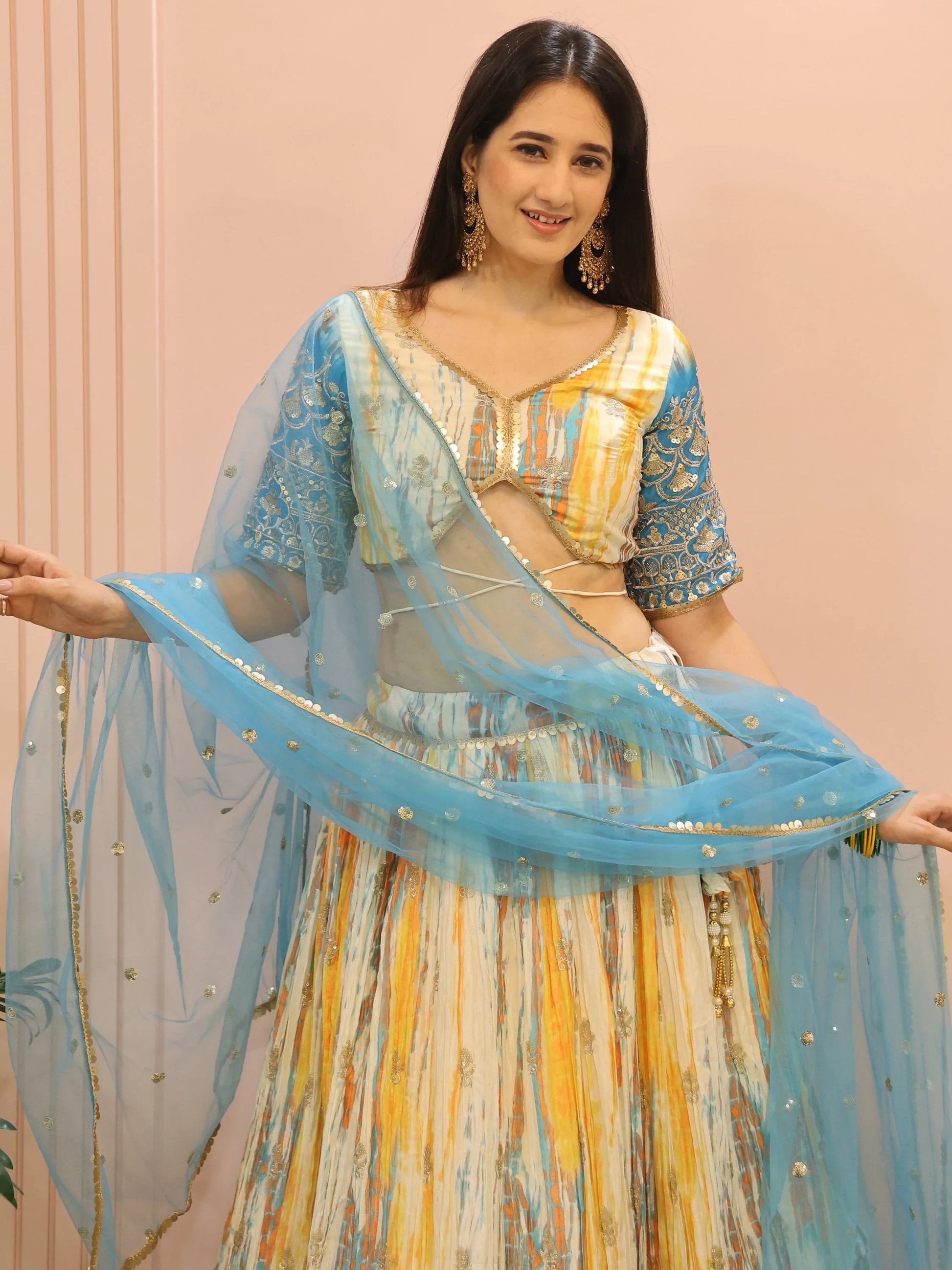 Elegant White & Blue Sequins Chinon Festive Wear Lehenga Choli - Zeel Clothing