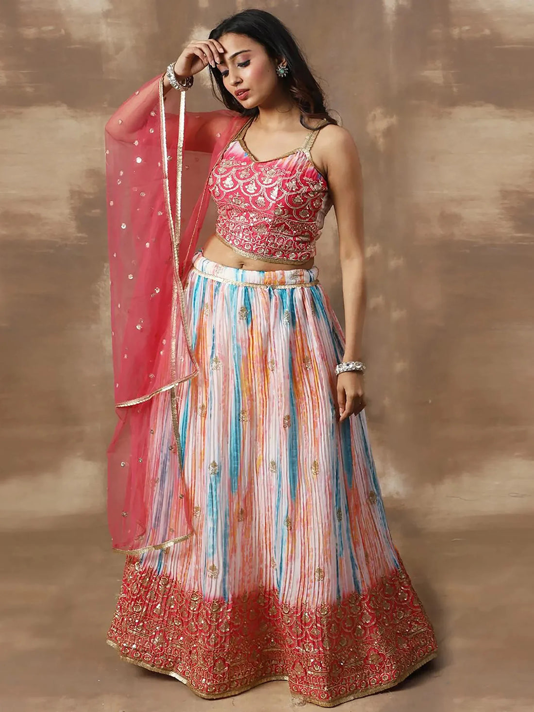 Elegant White & Pink Sequin Chinon Reception Wear Lehenga Choli - Zeel Clothing