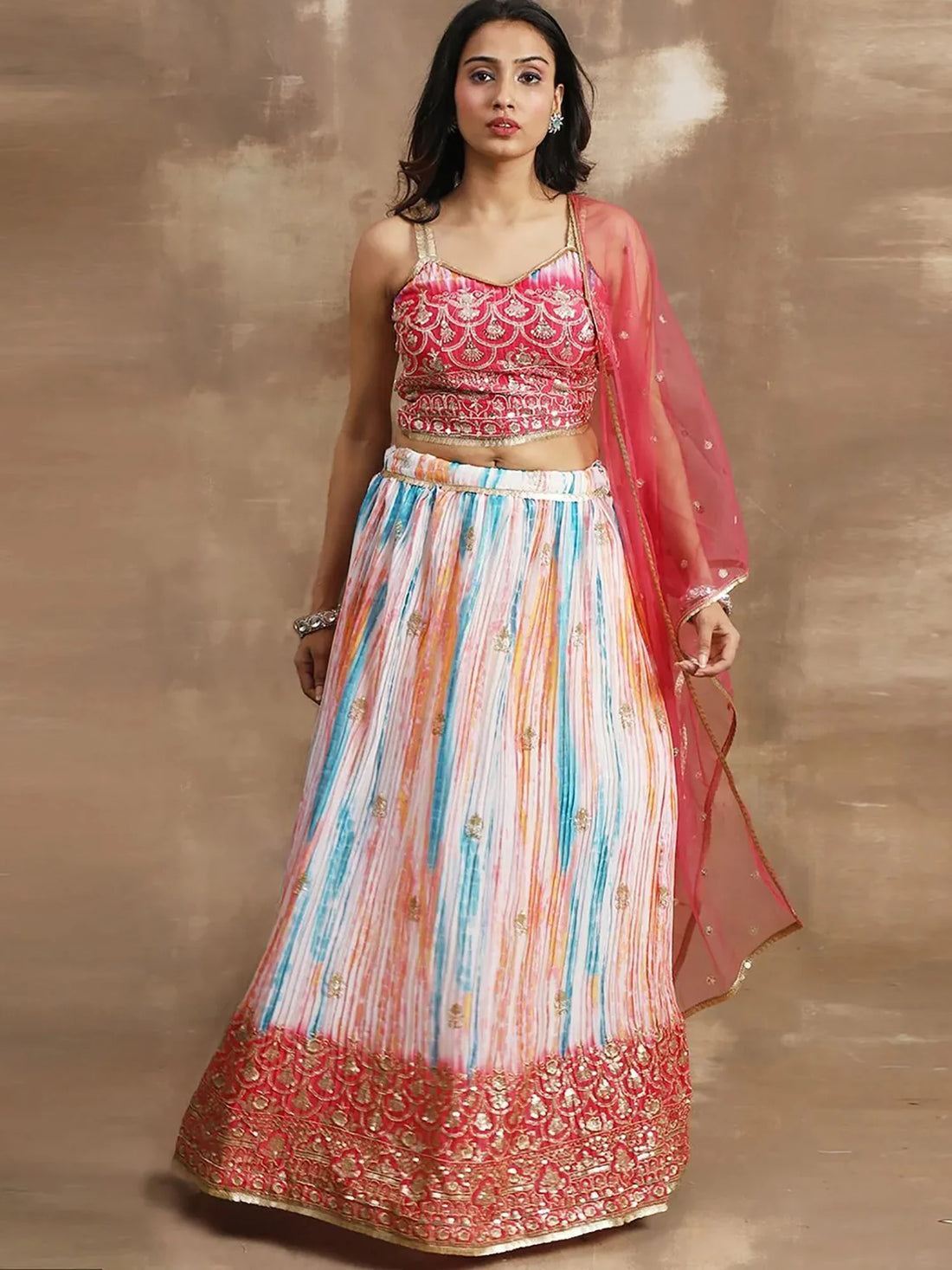 Elegant White & Pink Sequin Chinon Reception Wear Lehenga Choli - Zeel Clothing