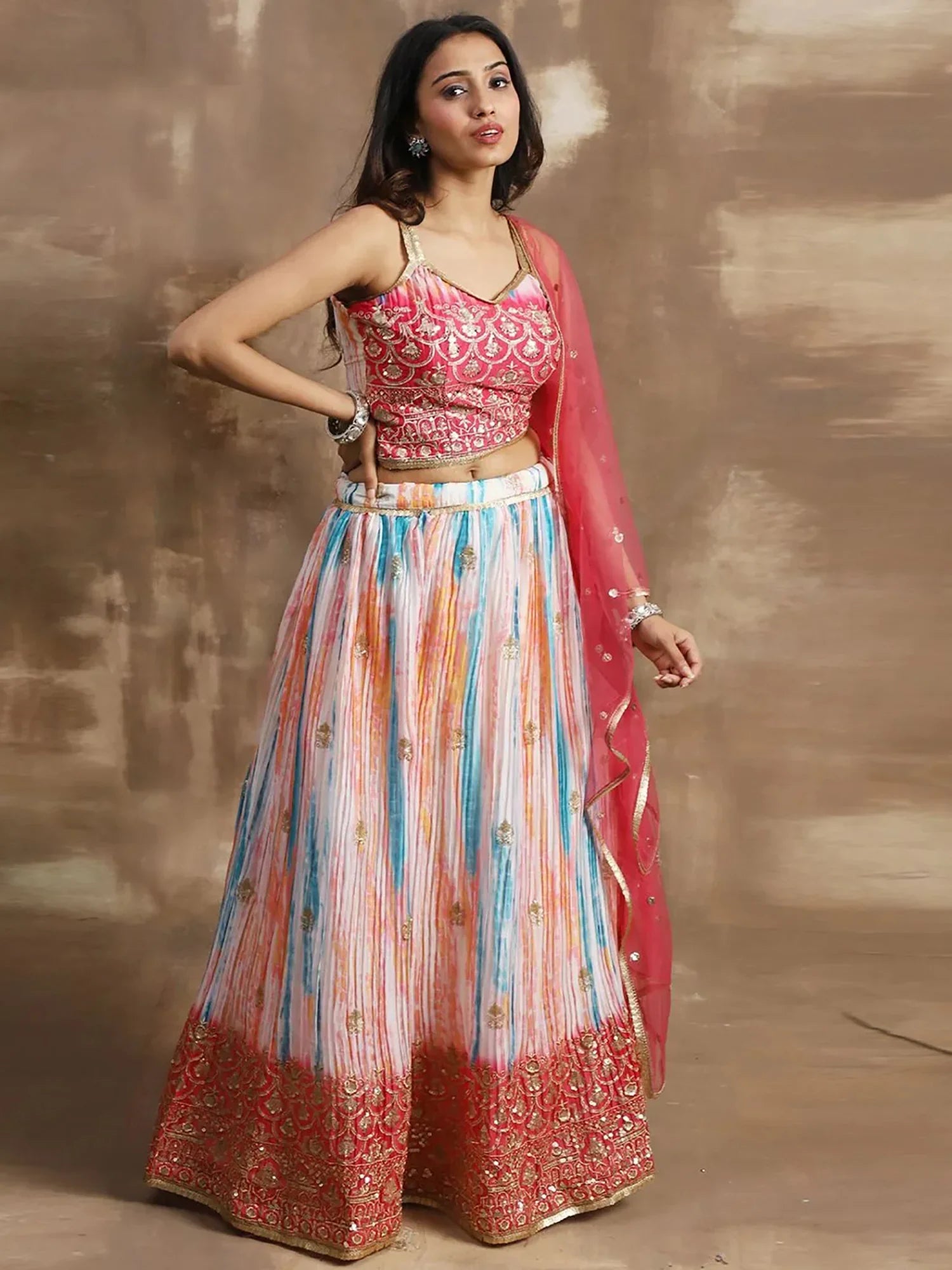 Elegant White & Pink Sequin Chinon Reception Wear Lehenga Choli - Zeel Clothing
