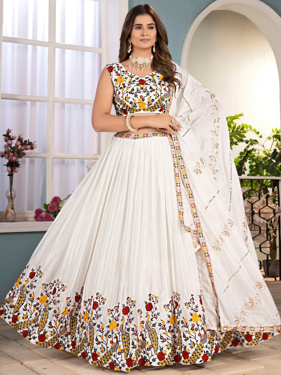 Elegant White Sequin Work Silk Wedding Wear Lehenga Choli With Dupatta