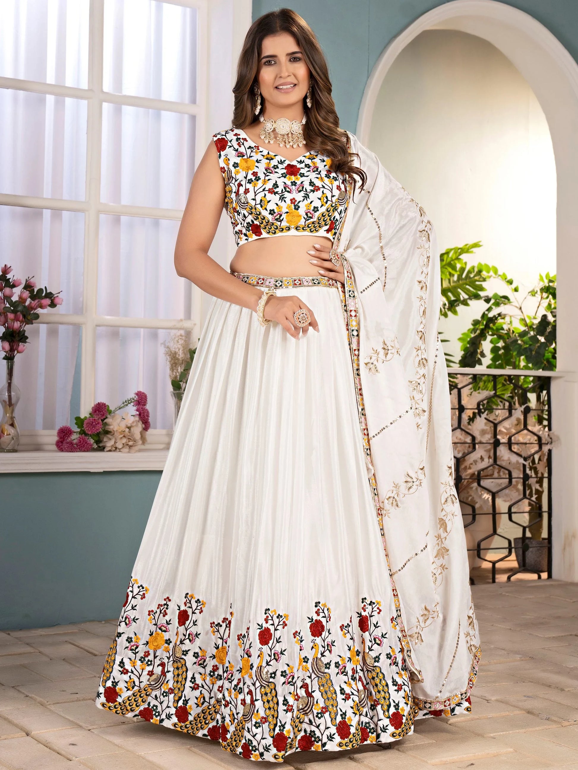 Elegant White Sequin Work Silk Wedding Wear Lehenga Choli With Dupatta