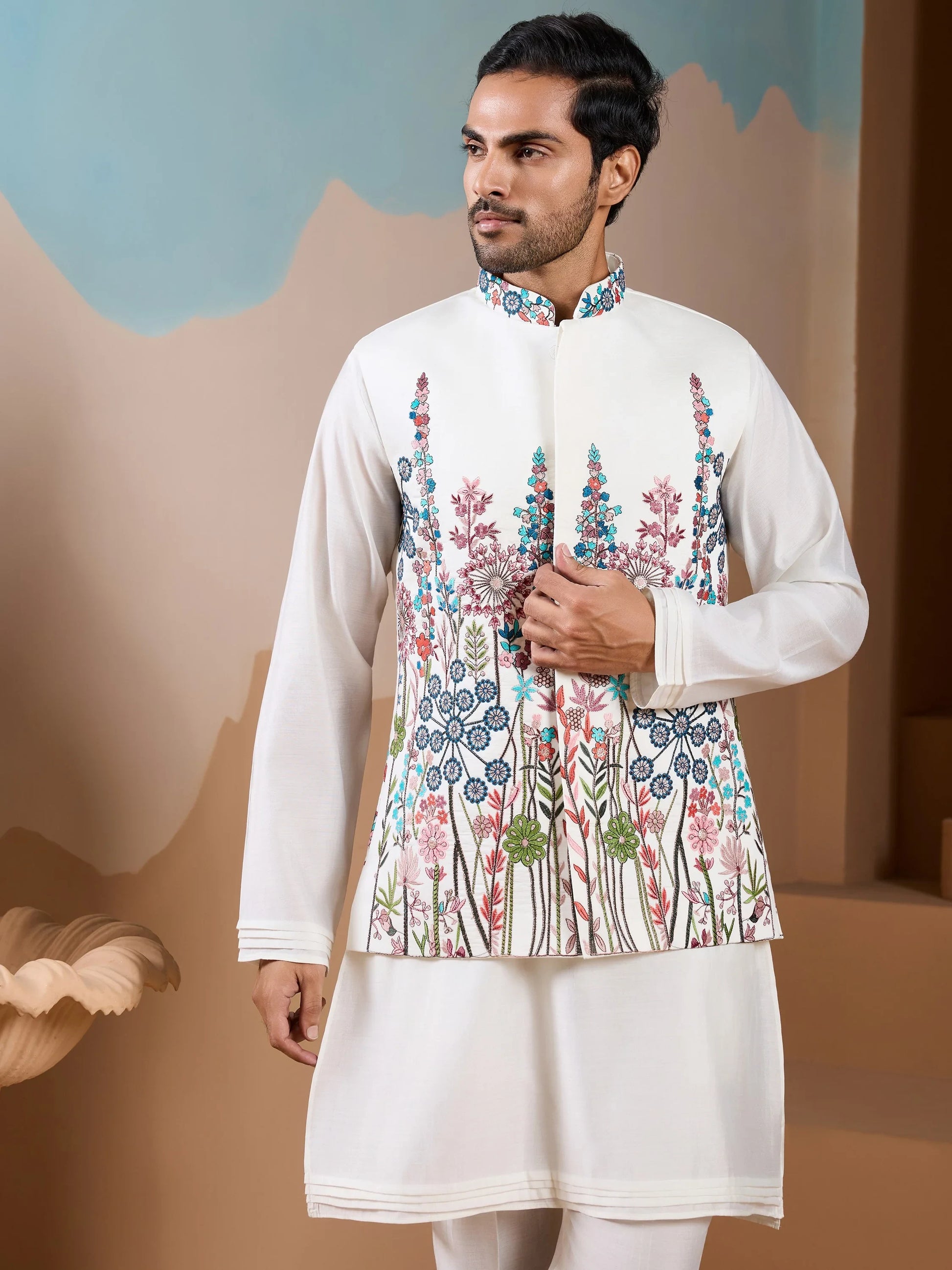 Elegant White Sequins Work Silk Men Event Wear Kurta Pant With Jacket