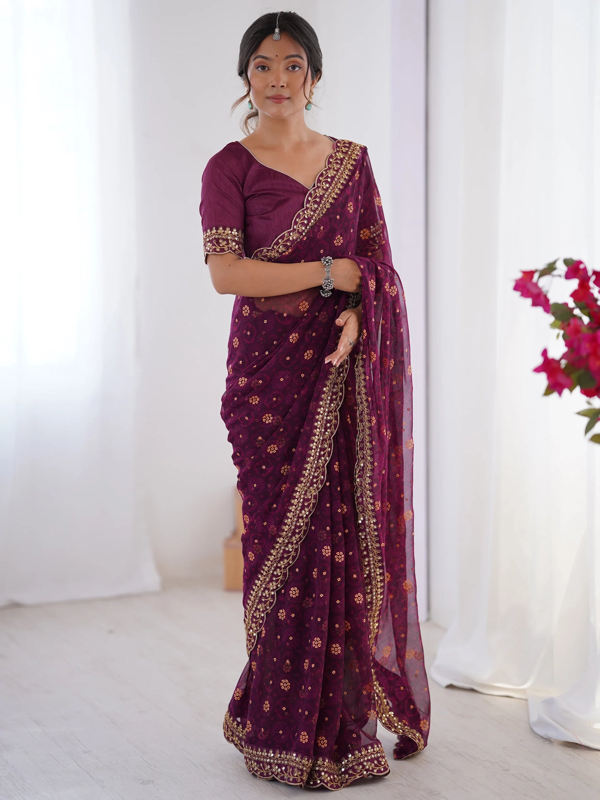 Elegant Wine Designer Printed Georgette Saree With Blouse - Zeel Clothing