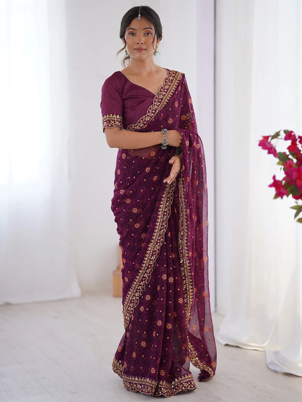 Elegant Wine Designer Printed Georgette Saree With Blouse - Zeel Clothing