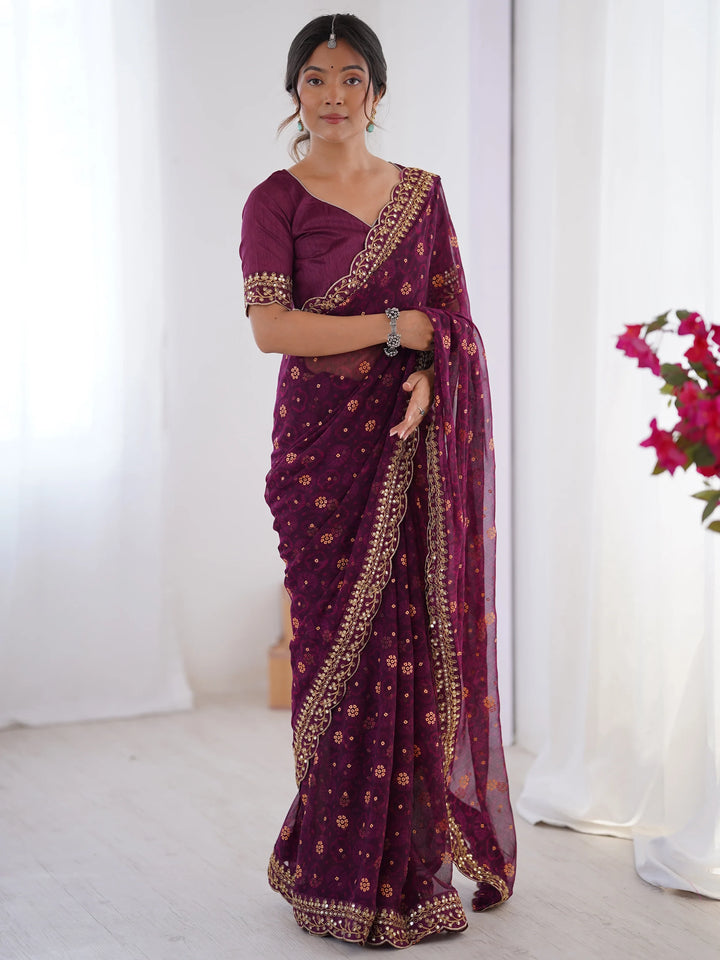 Elegant Wine Designer Printed Georgette Saree With Blouse - Zeel Clothing