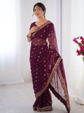 Elegant Wine Designer Printed Georgette Saree With Blouse - Zeel Clothing