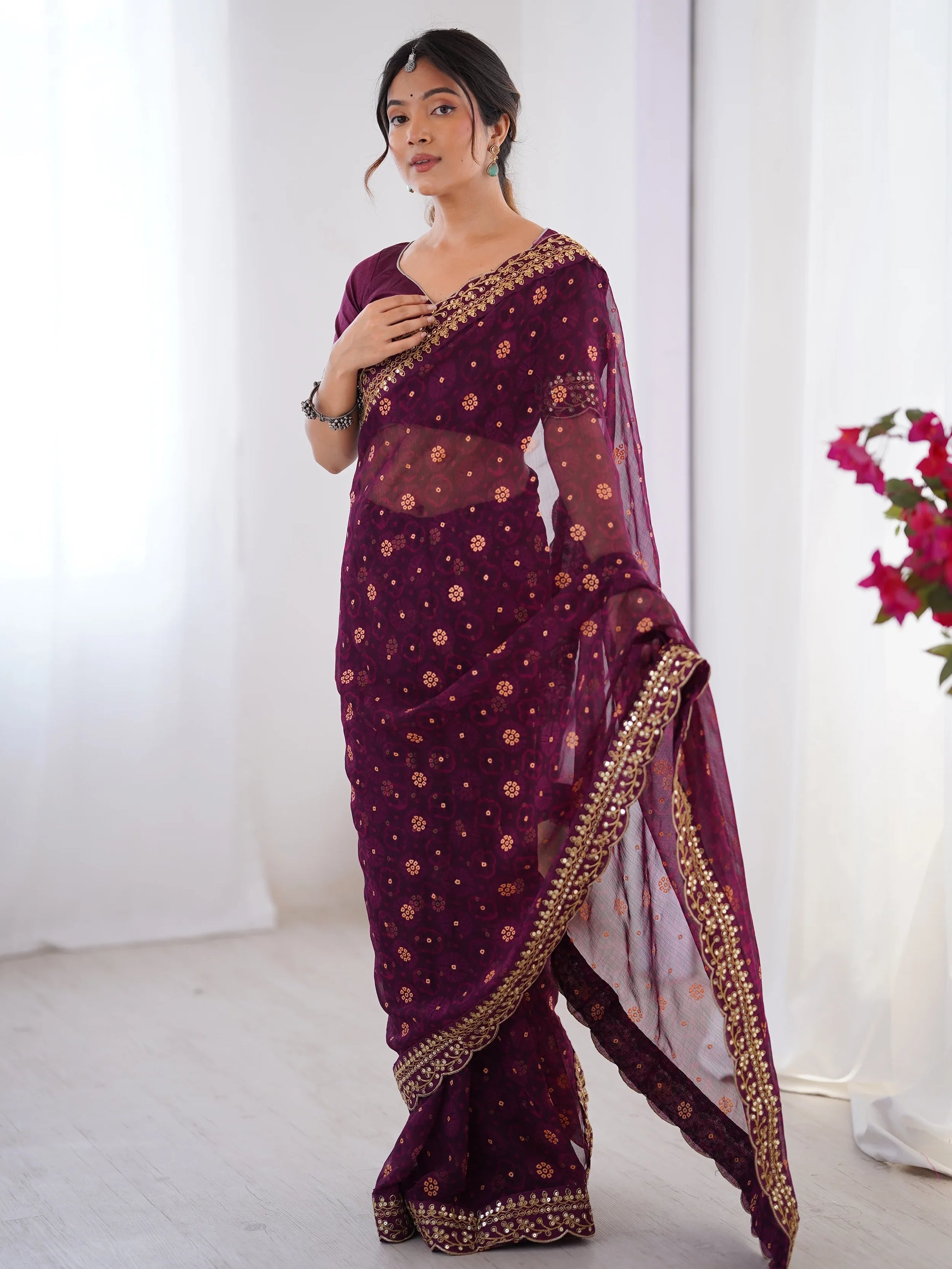 Elegant Wine Designer Printed Georgette Saree With Blouse - Zeel Clothing