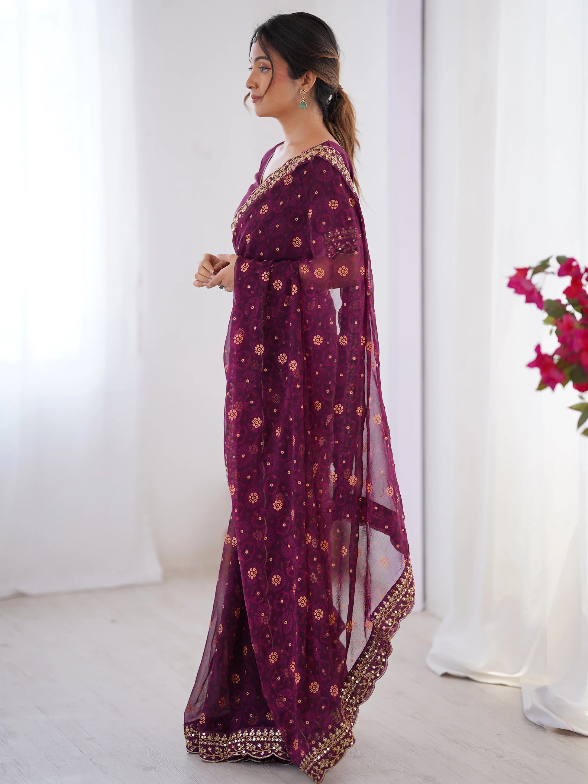 Elegant Wine Designer Printed Georgette Saree With Blouse - Zeel Clothing