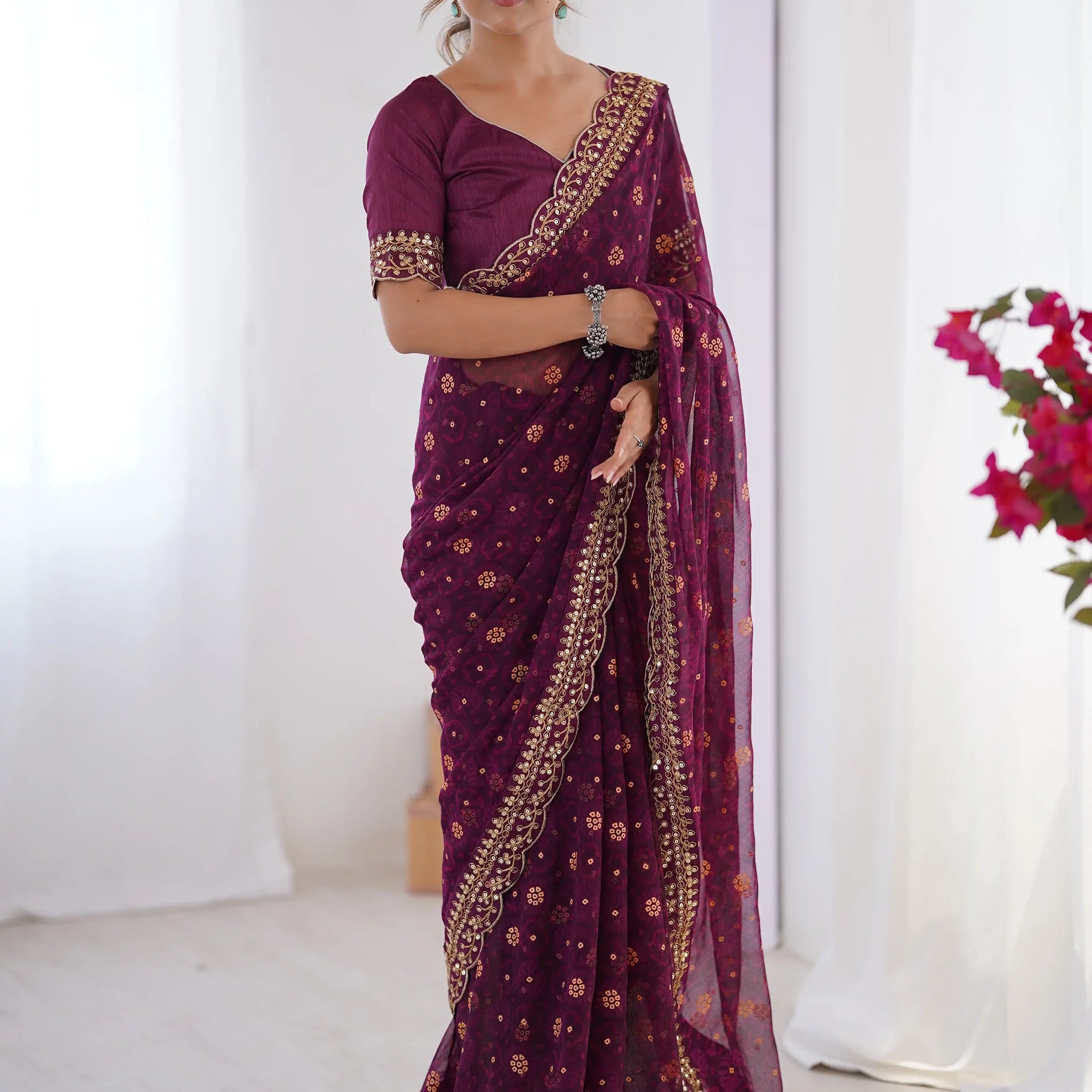 Elegant Wine Designer Printed Georgette Saree With Blouse - Zeel Clothing