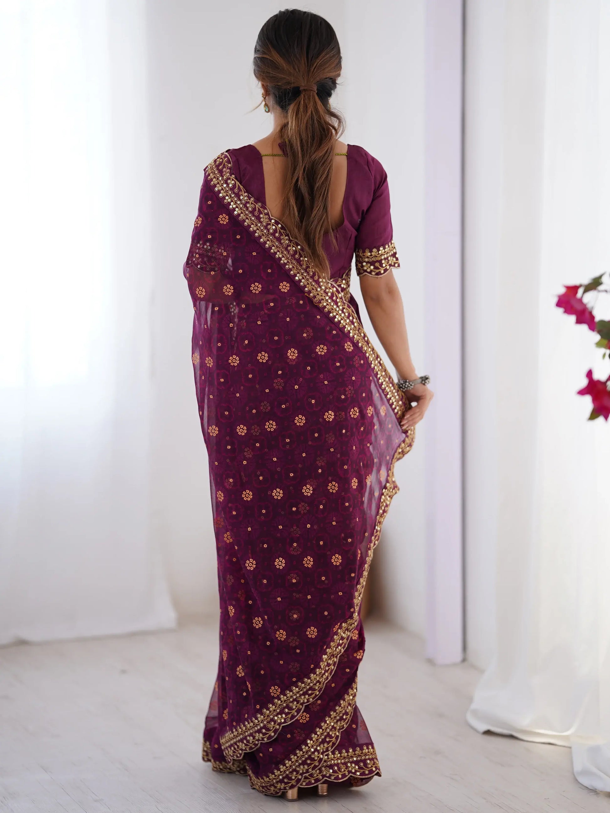 Elegant Wine Designer Printed Georgette Saree With Blouse - Zeel Clothing