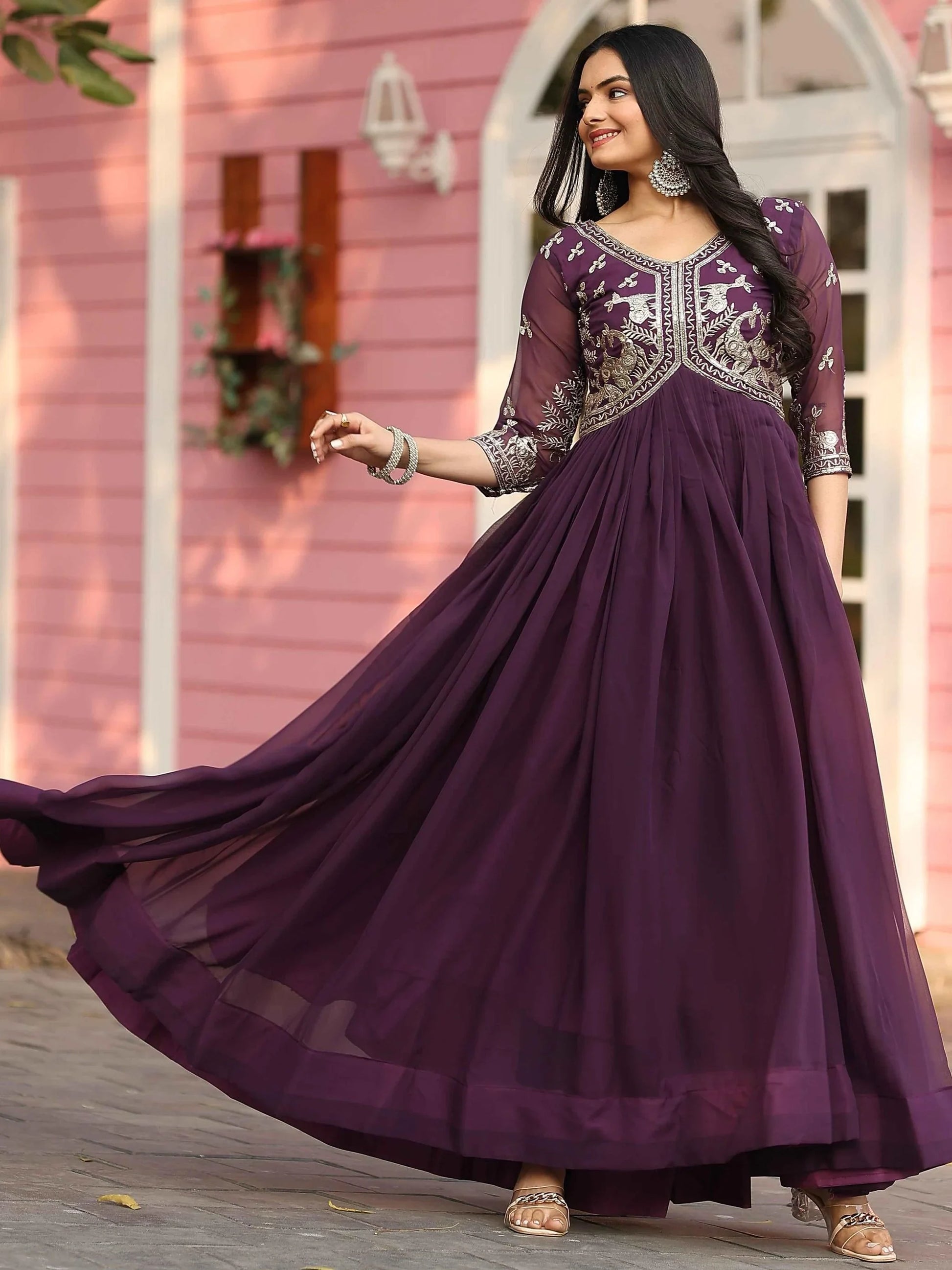 Elegant Wine Sequins Work Georgette Wedding Wear Gown - Zeel Clothing