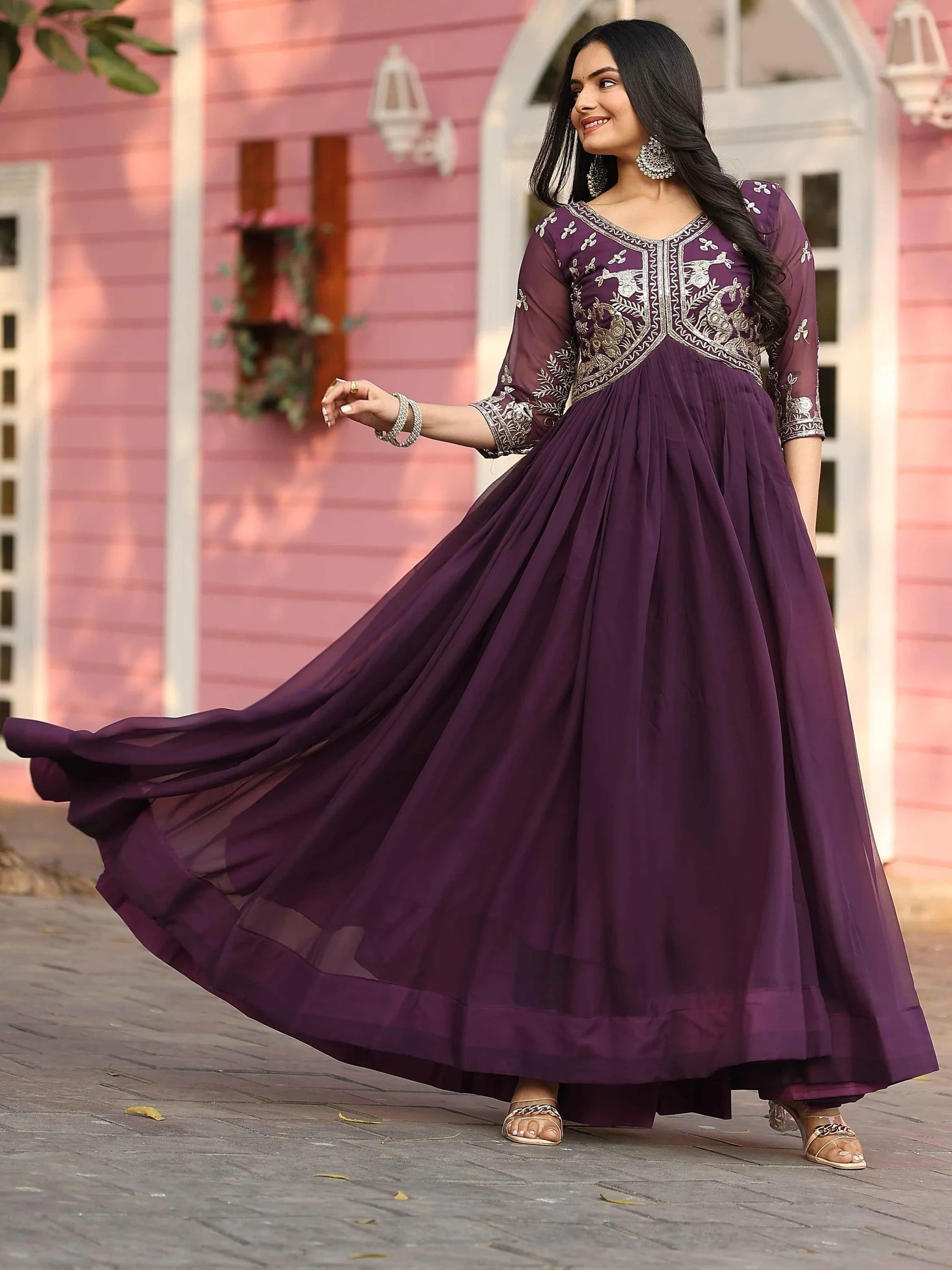Elegant Wine Sequins Work Georgette Wedding Wear Gown - Zeel Clothing