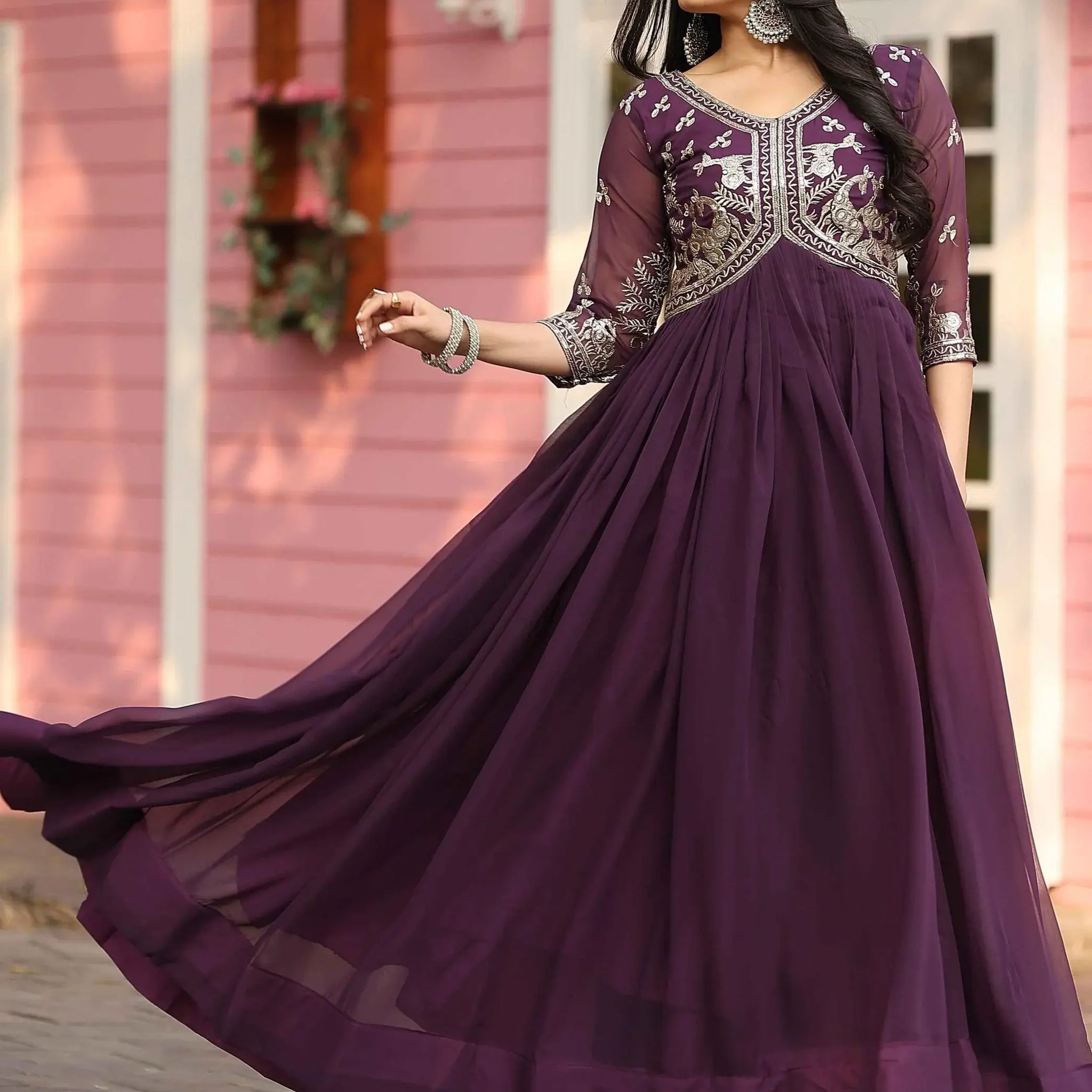 Elegant Wine Sequins Work Georgette Wedding Wear Gown - Zeel Clothing