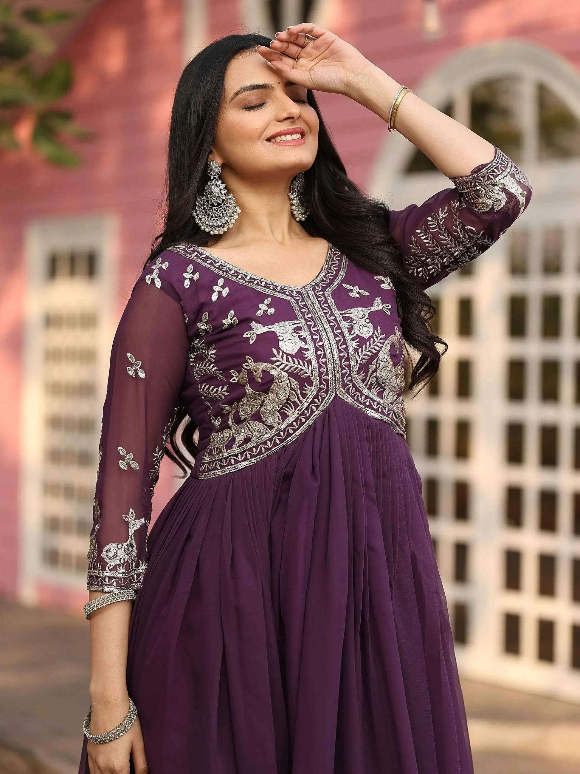 Elegant Wine Sequins Work Georgette Wedding Wear Gown - Zeel Clothing