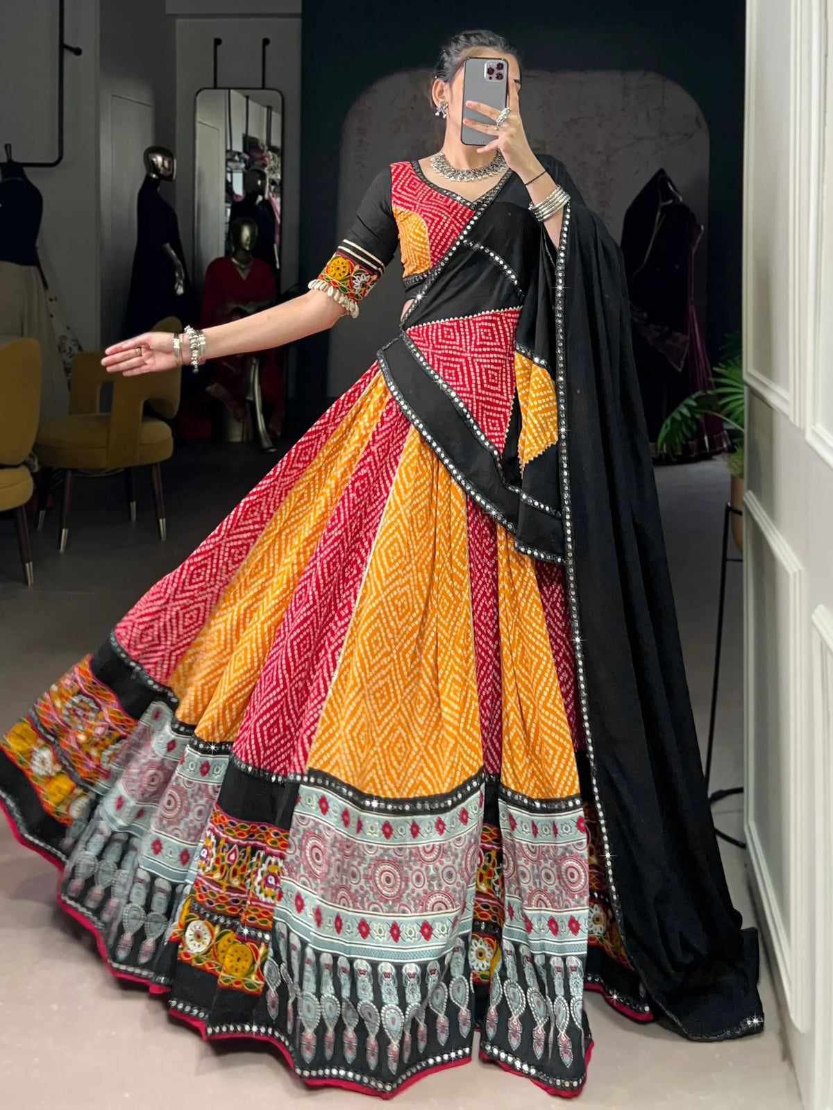 Elegant Yellow Bandhej Print Rayon Navratri Special Lehenga Choli With Dupatta - Zeel Clothing