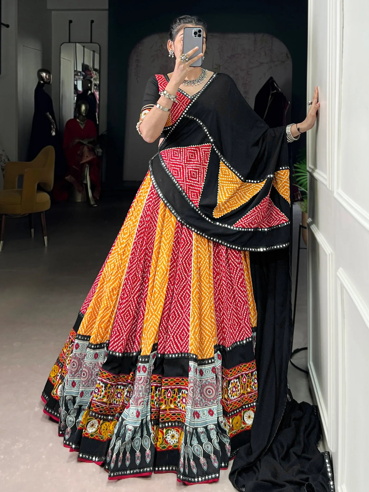 Elegant Yellow Bandhej Print Rayon Navratri Special Lehenga Choli With Dupatta - Zeel Clothing