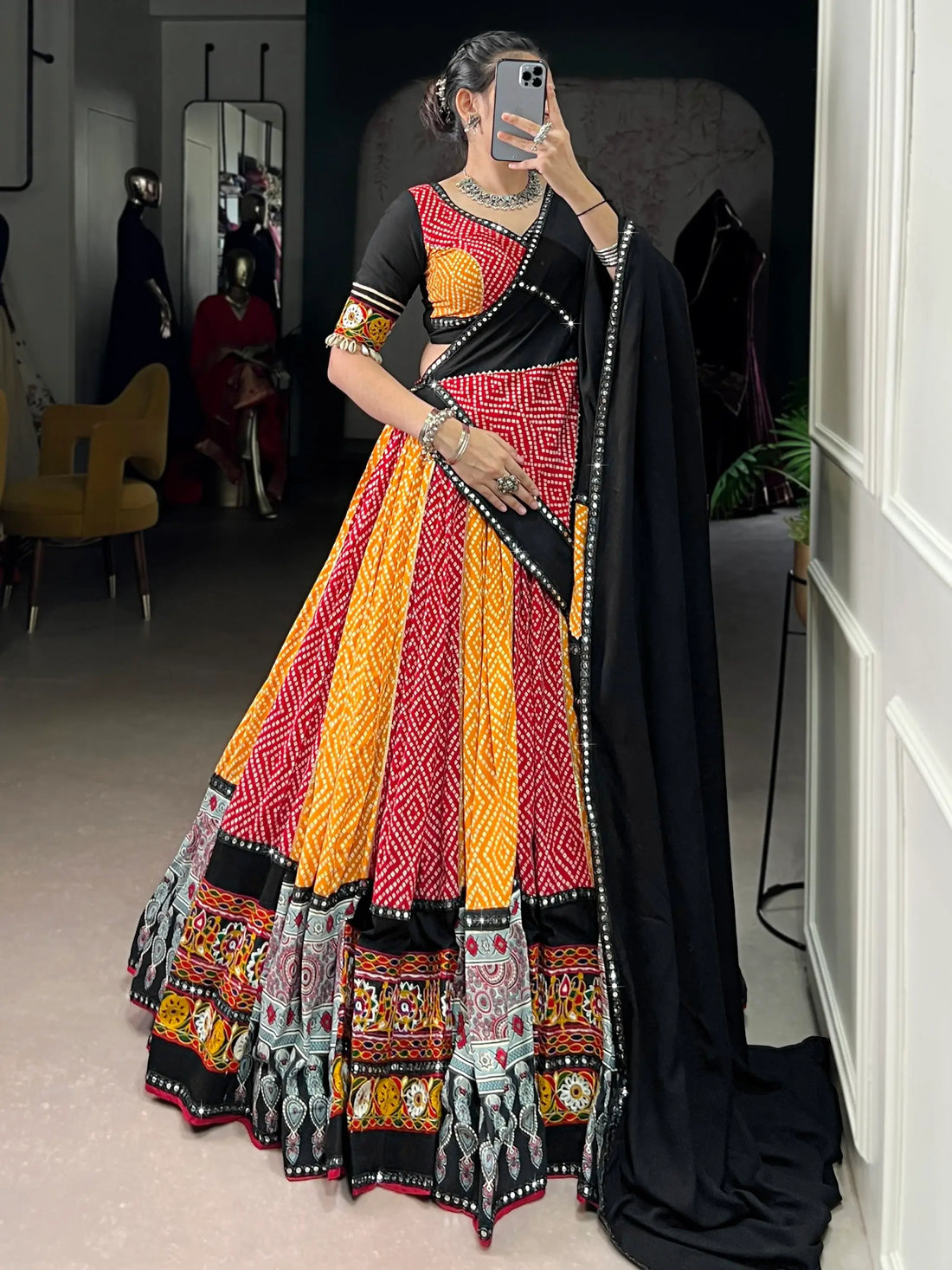 Elegant Yellow Bandhej Print Rayon Navratri Special Lehenga Choli With Dupatta - Zeel Clothing