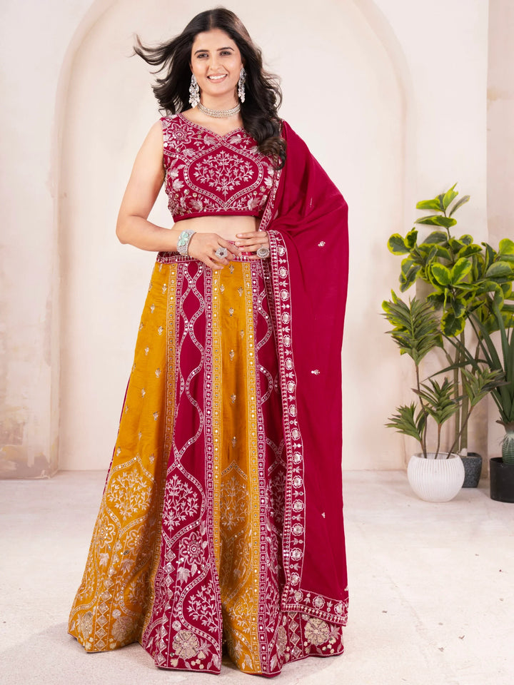 Elegant Yellow-Red Embroidered Vichitra Silk Wedding Lehenga Choli With Dupatta - Zeel Clothing