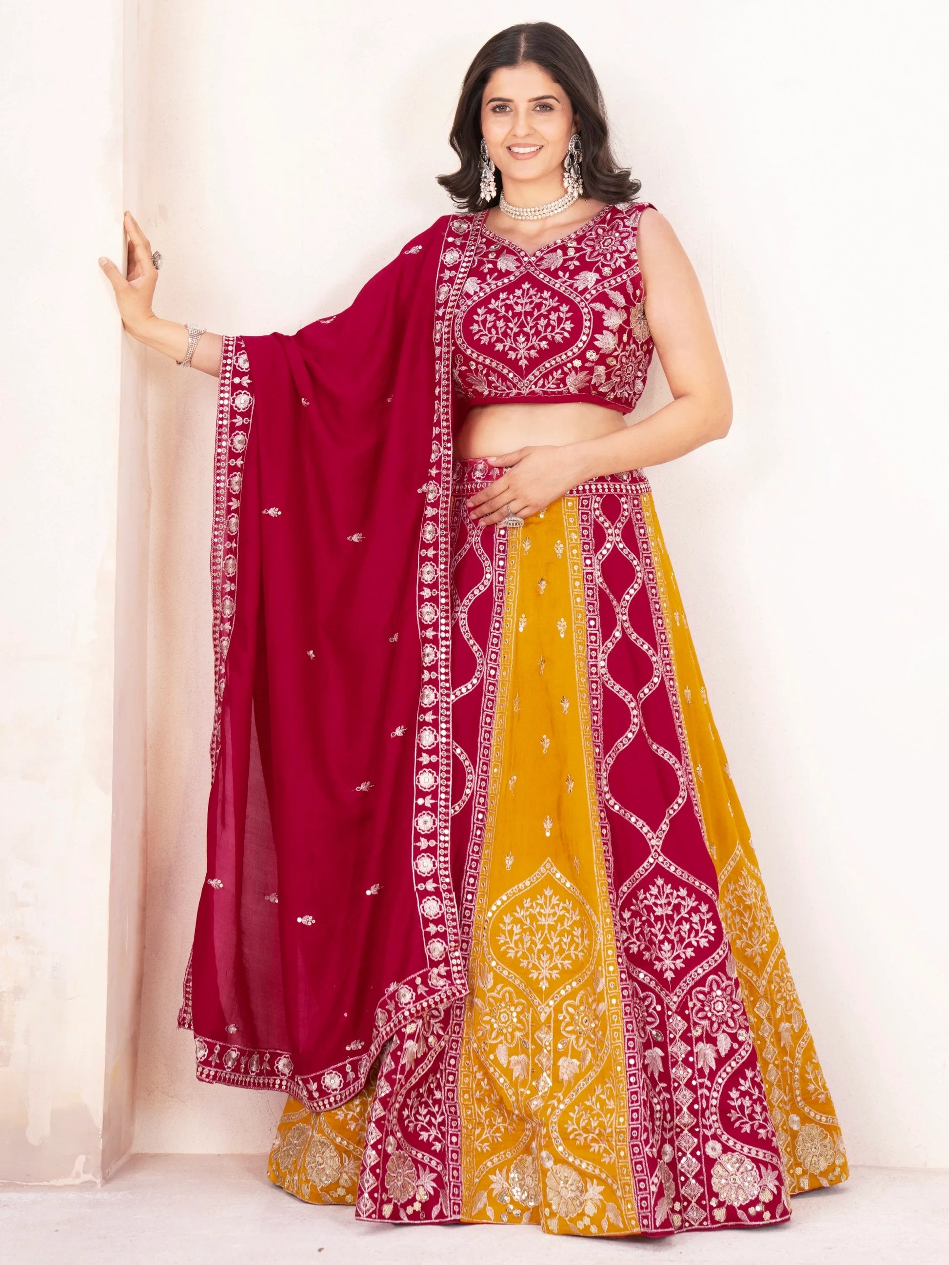 Elegant Yellow-Red Embroidered Vichitra Silk Wedding Lehenga Choli With Dupatta - Zeel Clothing