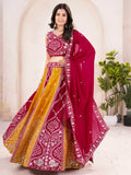 Elegant Yellow-Red Embroidered Vichitra Silk Wedding Lehenga Choli With Dupatta - Zeel Clothing