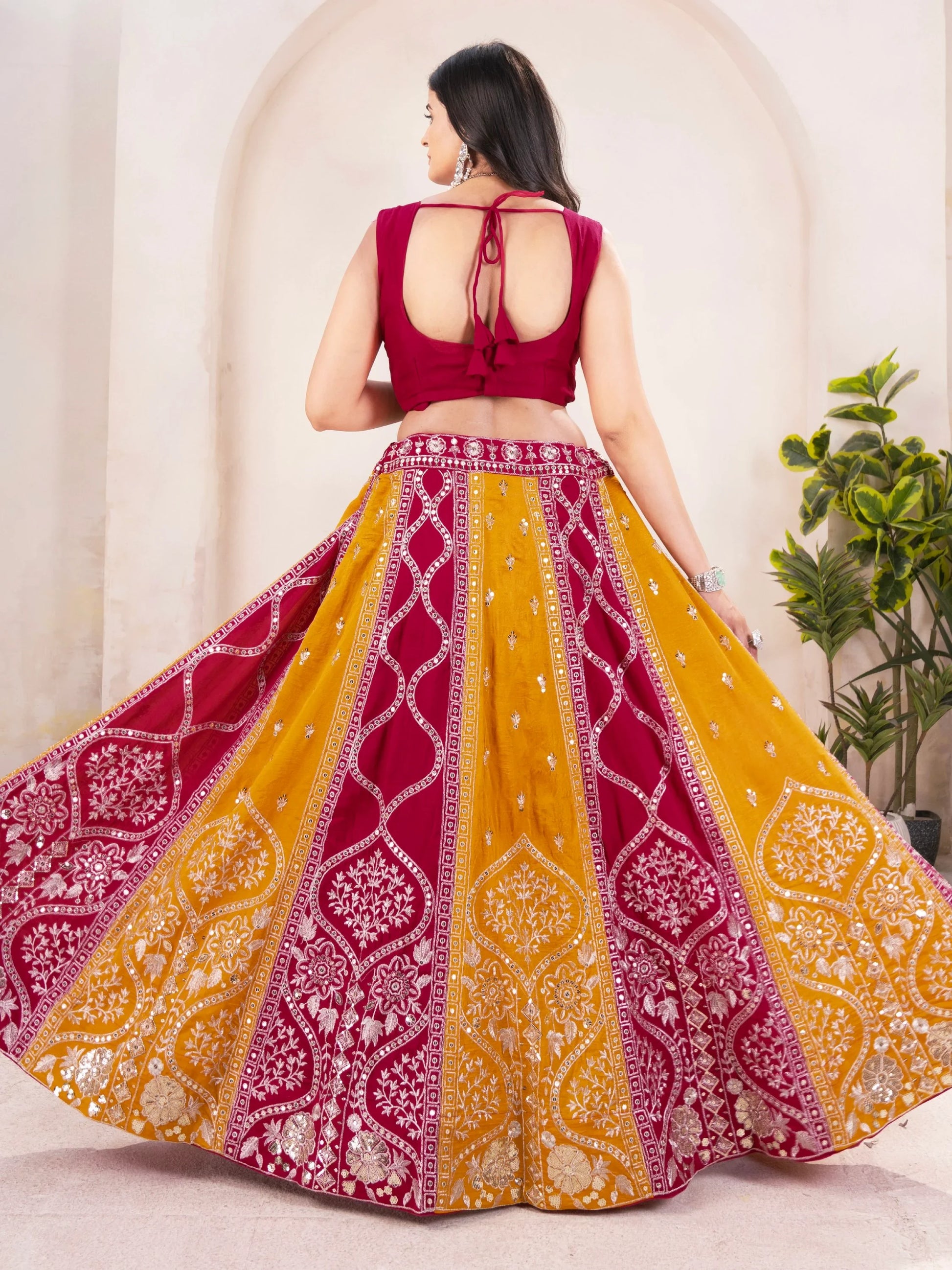 Elegant Yellow-Red Embroidered Vichitra Silk Wedding Lehenga Choli With Dupatta - Zeel Clothing