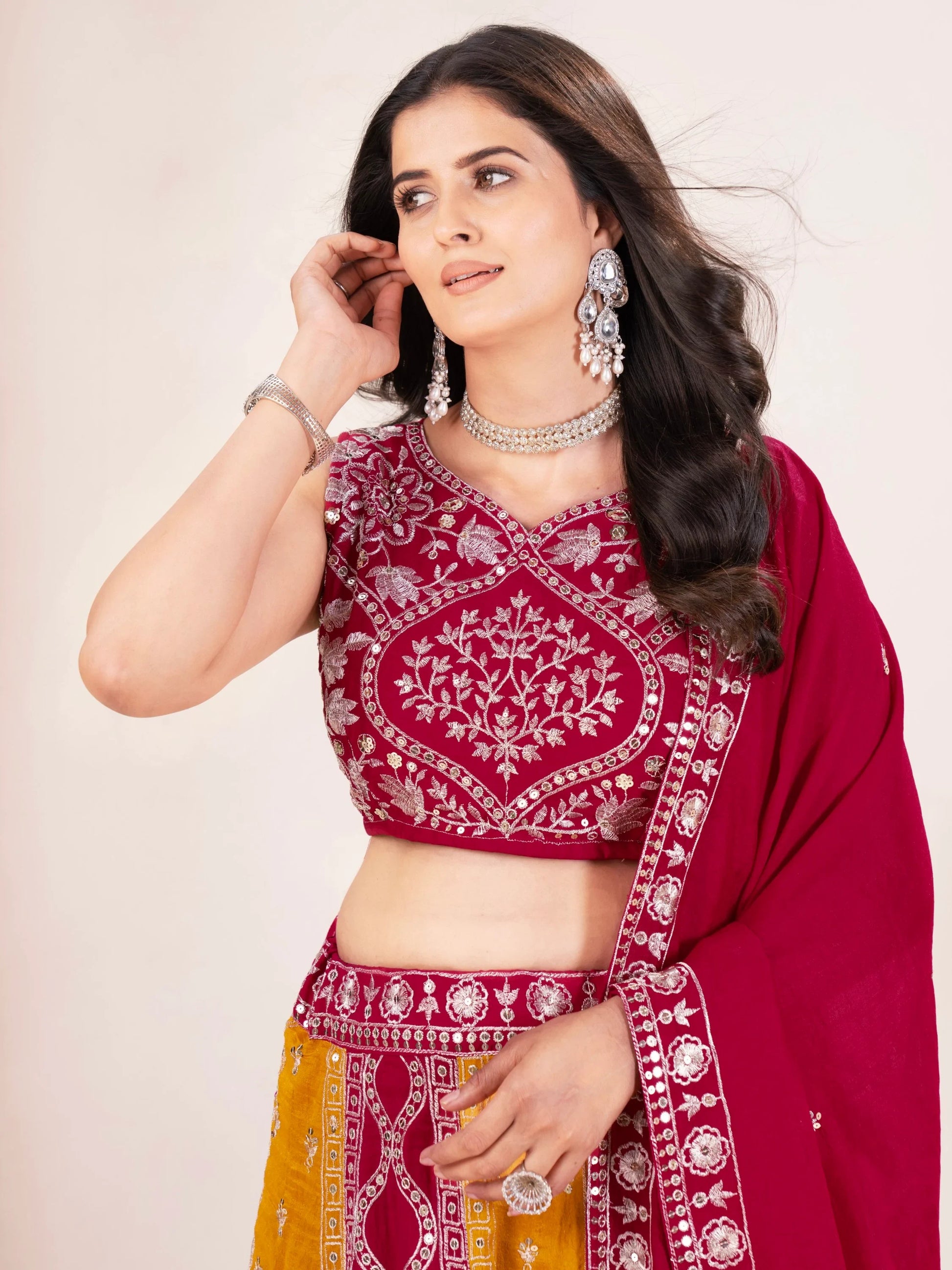 Elegant Yellow-Red Embroidered Vichitra Silk Wedding Lehenga Choli With Dupatta - Zeel Clothing