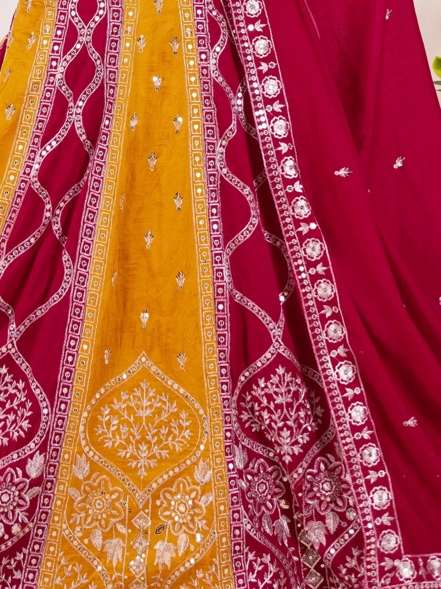 Elegant Yellow-Red Embroidered Vichitra Silk Wedding Lehenga Choli With Dupatta - Zeel Clothing