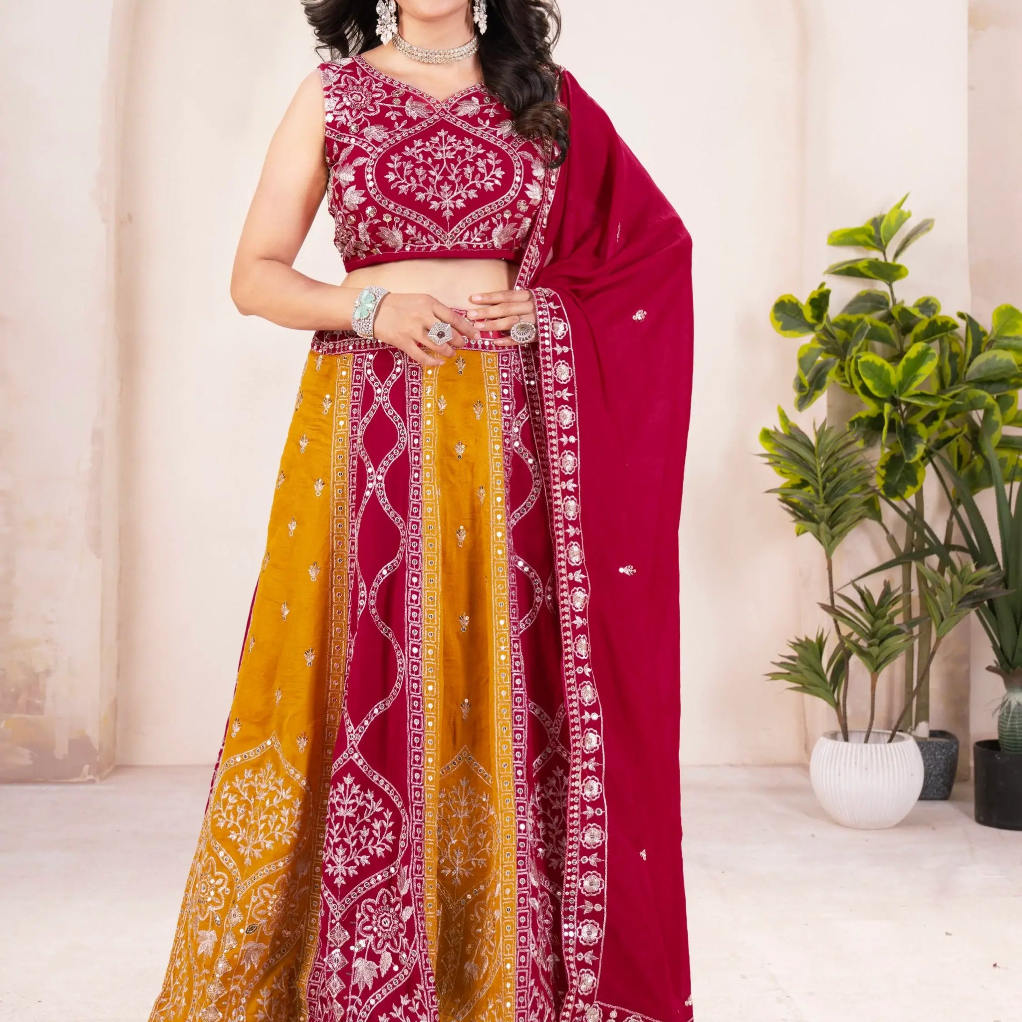 Elegant Yellow-Red Embroidered Vichitra Silk Wedding Lehenga Choli With Dupatta - Zeel Clothing