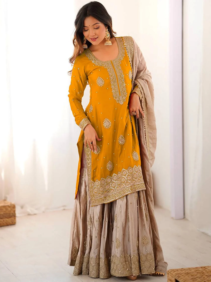 Elegant Yellow Thread Embroidery Silk Festival Wear Sharara Suit