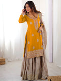 Elegant Yellow Thread Embroidery Silk Festival Wear Sharara Suit