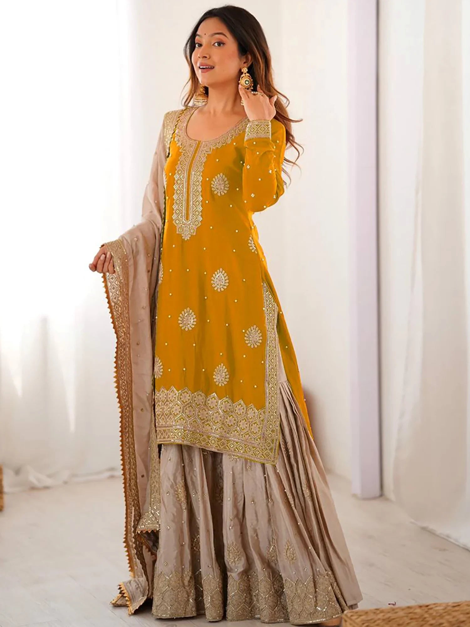 Elegant Yellow Thread Embroidery Silk Festival Wear Sharara Suit