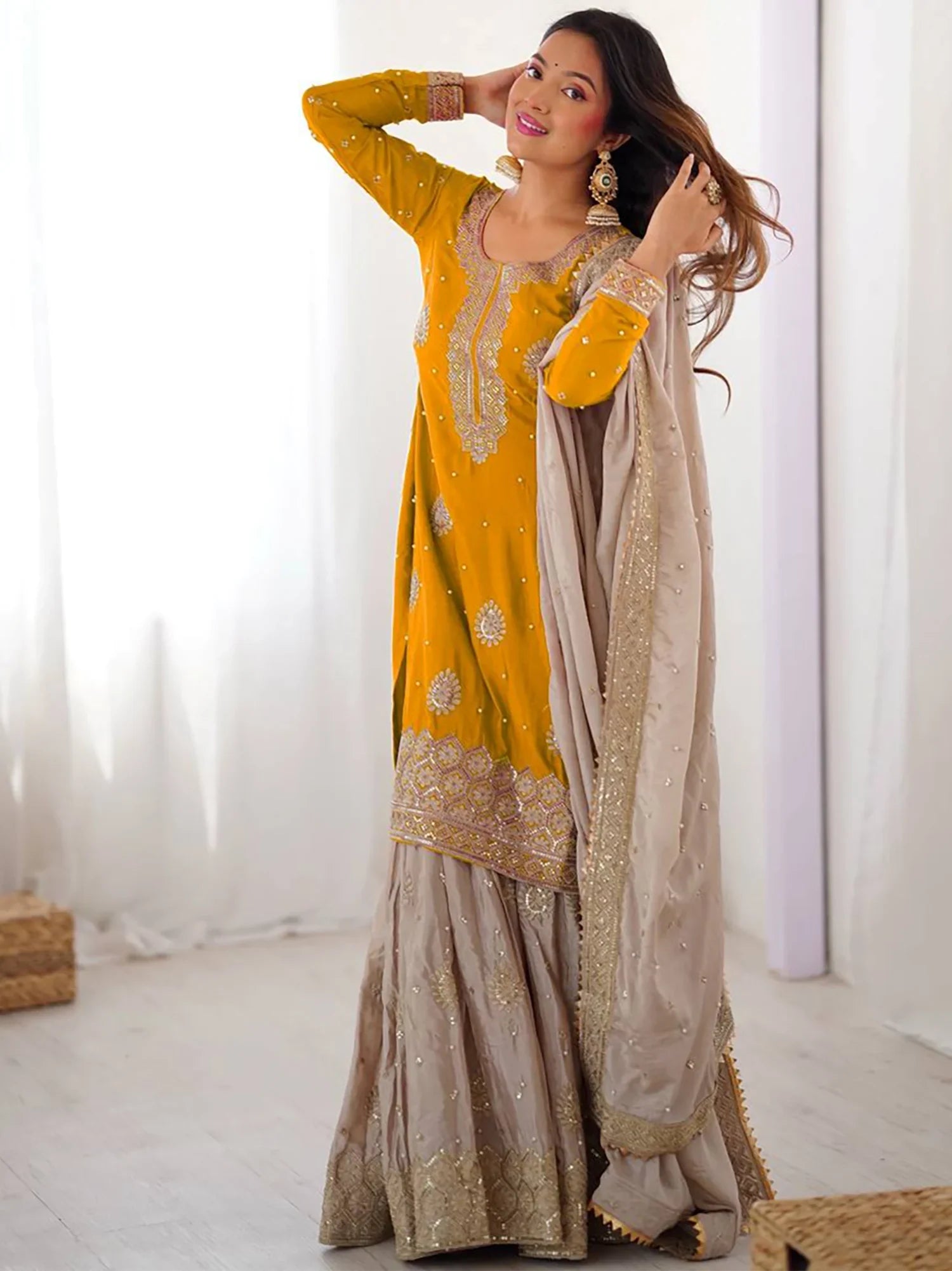 Elegant Yellow Thread Embroidery Silk Festival Wear Sharara Suit