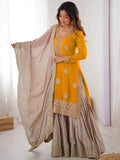 Elegant Yellow Thread Embroidery Silk Festival Wear Sharara Suit