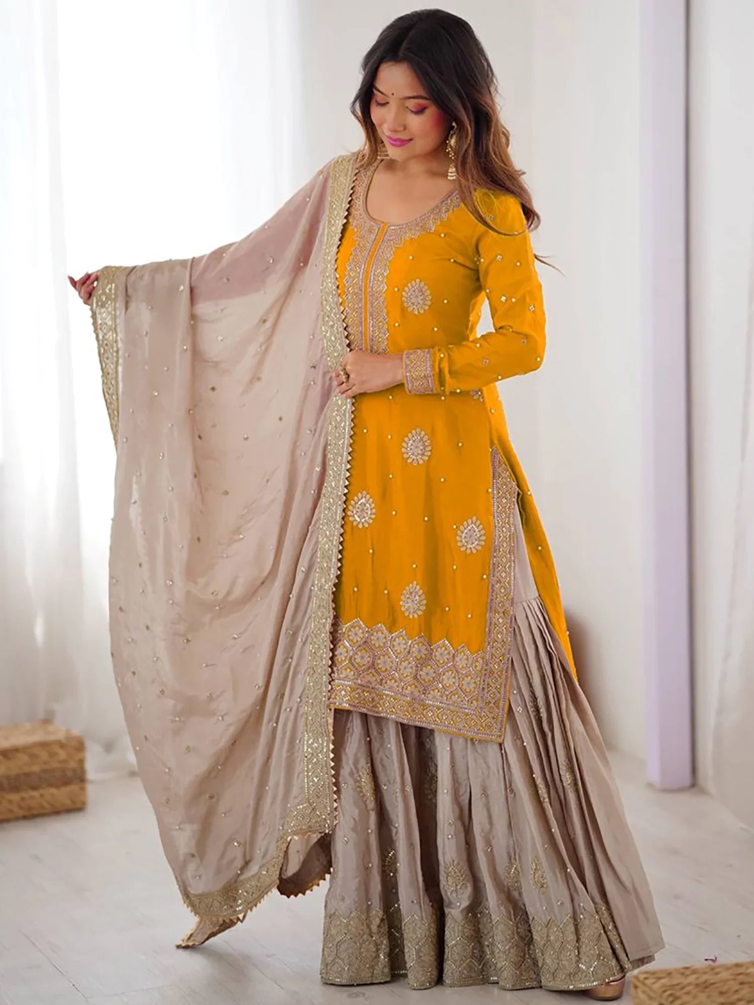 Elegant Yellow Thread Embroidery Silk Festival Wear Sharara Suit