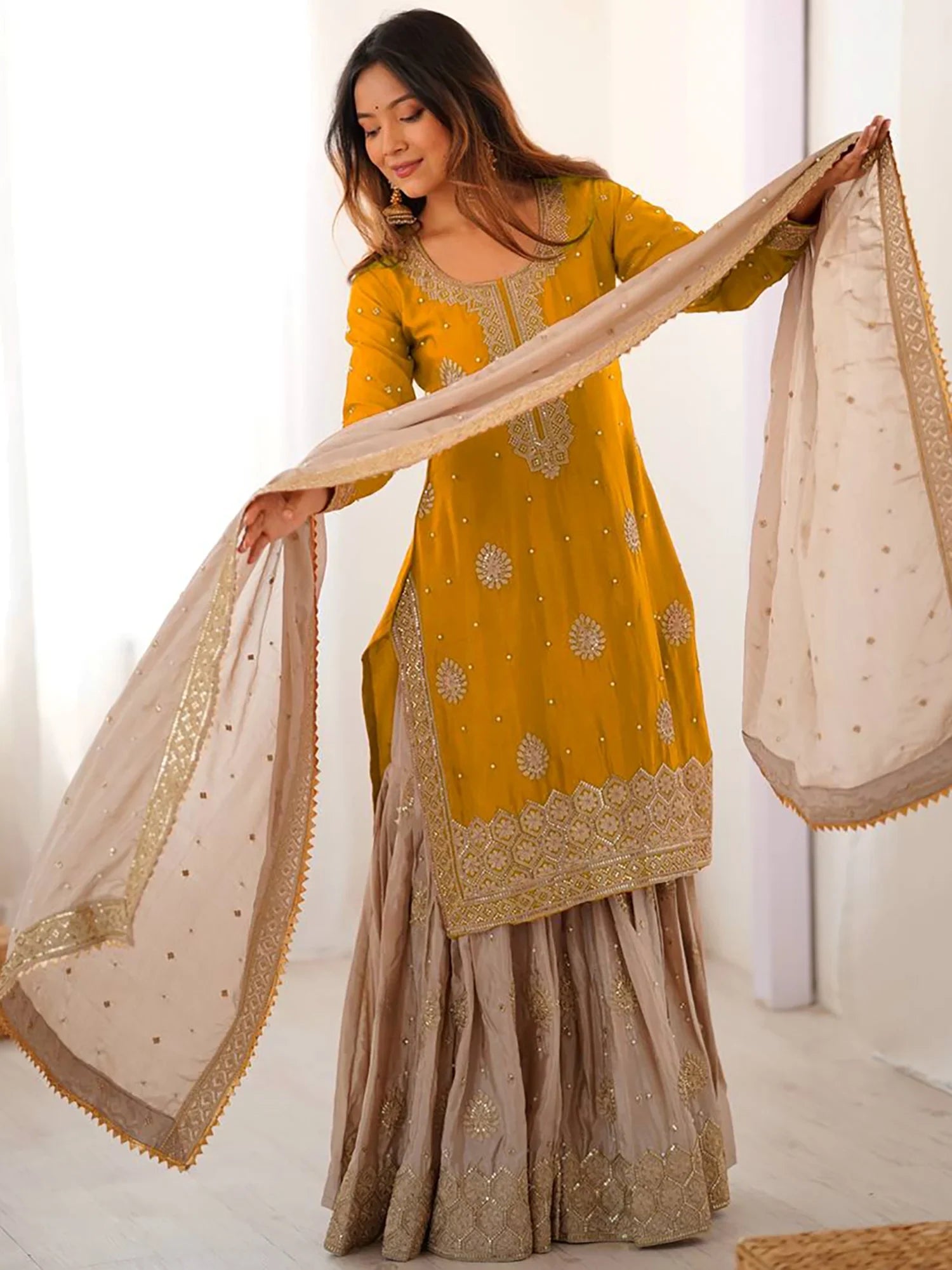 Elegant Yellow Thread Embroidery Silk Festival Wear Sharara Suit