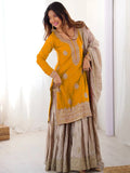 Elegant Yellow Thread Embroidery Silk Festival Wear Sharara Suit